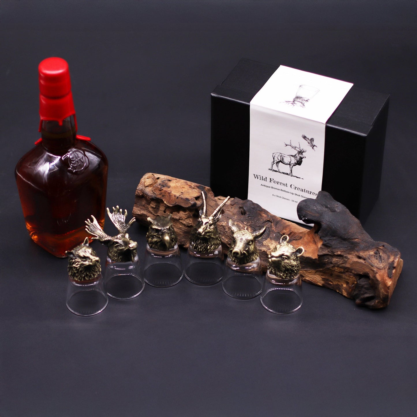 Set of 6 x 50ml Wild Forest Creatures Glasses- Antique Bronze product packaging on clean background from Quintessential Holistic Health Ltd