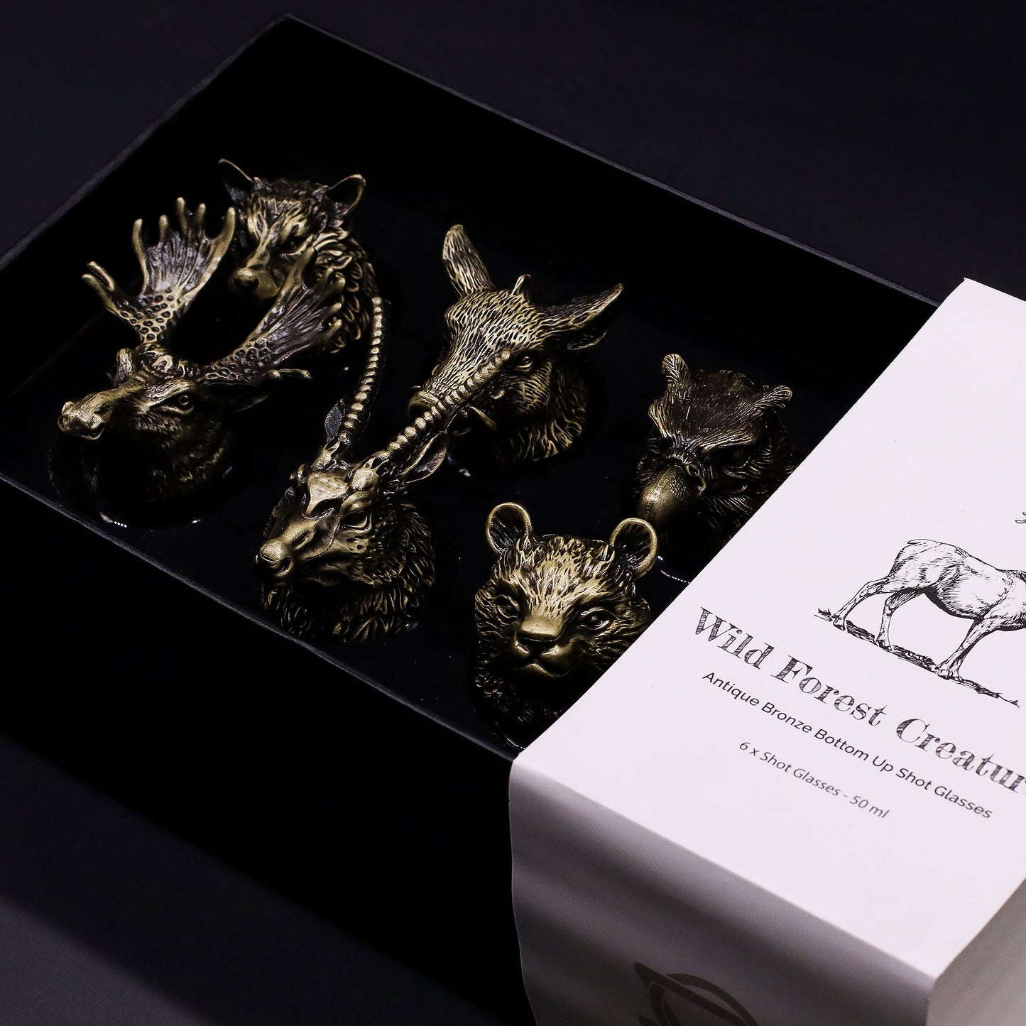 Set of 6 x 50ml Wild Forest Creatures Glasses- Antique Bronze product packaging on clean background from Quintessential Holistic Health Ltd