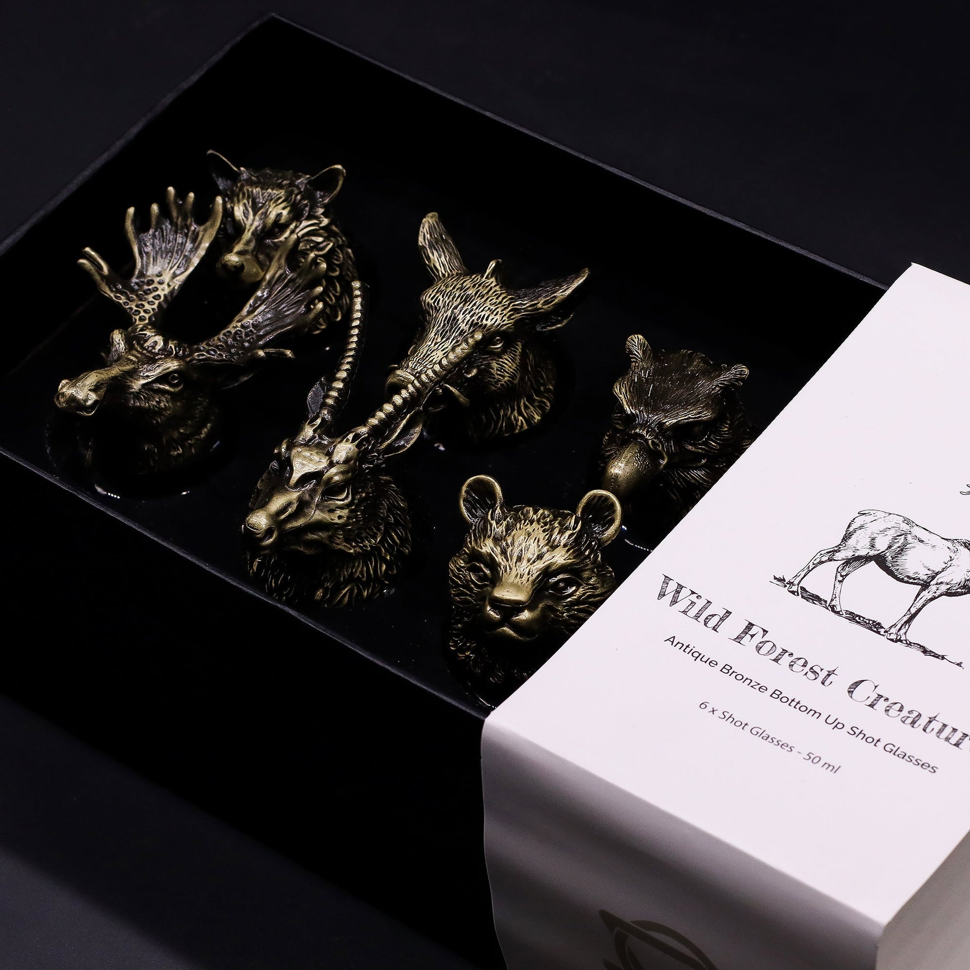 Set of 6 x 50ml Wild Forest Creatures Glasses- Antique Bronze product packaging on clean background from Quintessential Holistic Health Ltd