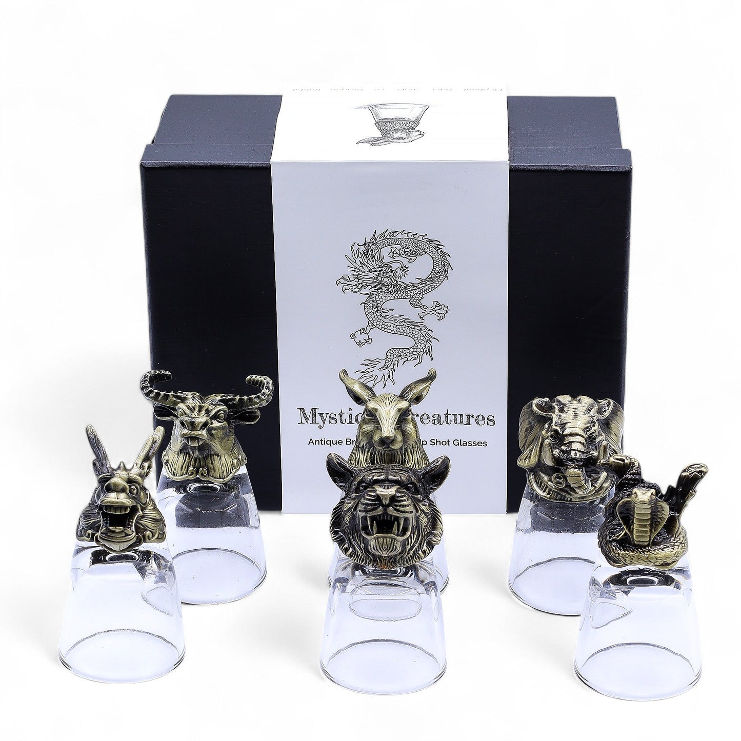 Set of 6 x 50ml Mystical Creatures Glasses - Antique Bronze product packaging on clean background from Quintessential Holistic Health Ltd
