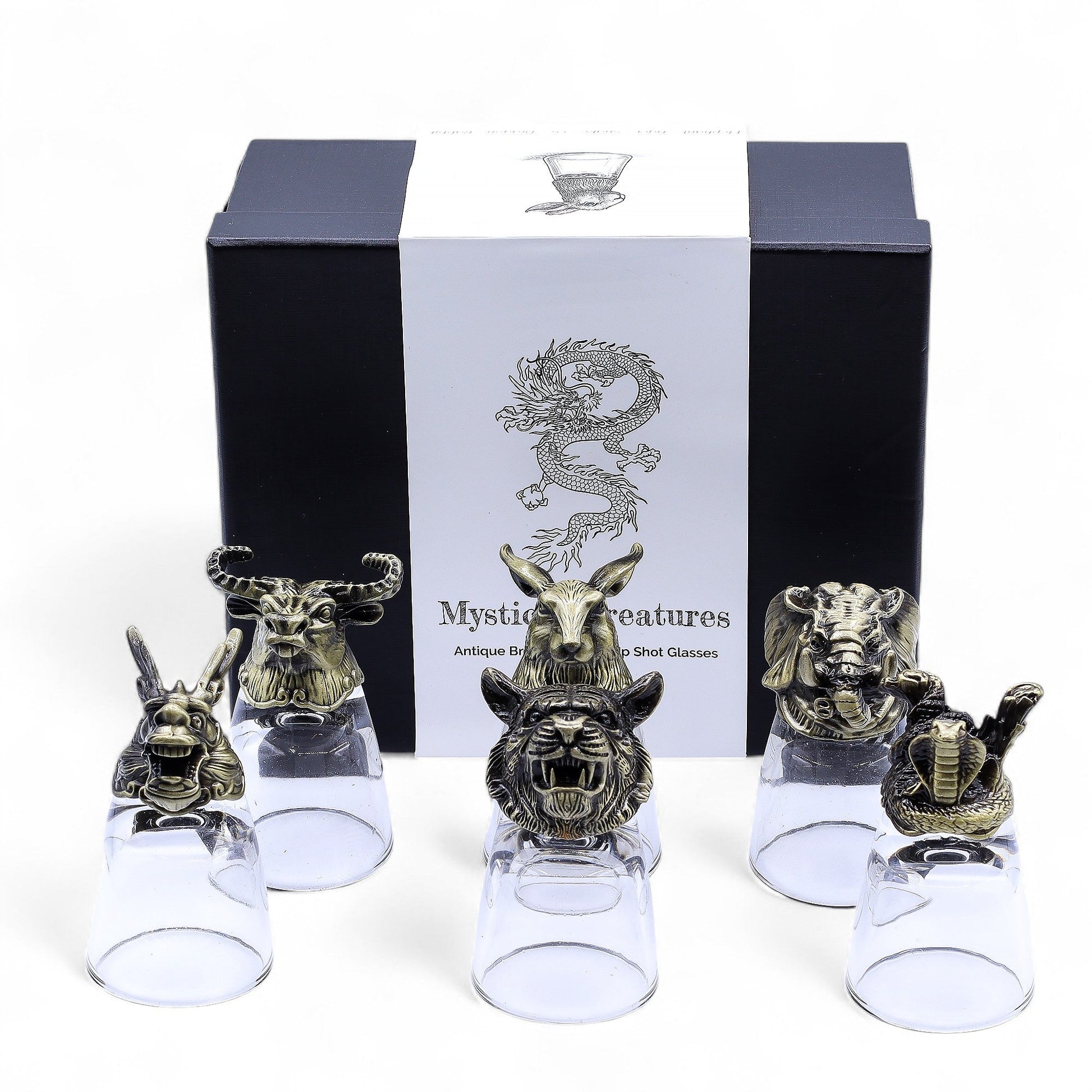 Set of 6 x 50ml Mystical Creatures Glasses - Antique Bronze product packaging on clean background from Quintessential Holistic Health Ltd