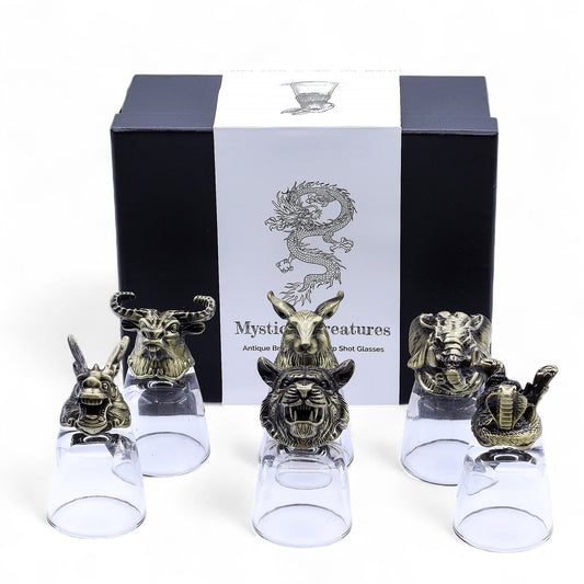 Set of 6 x 50ml Mystical Creatures Glasses - Antique Bronze product packaging on clean background from Quintessential Holistic Health Ltd
