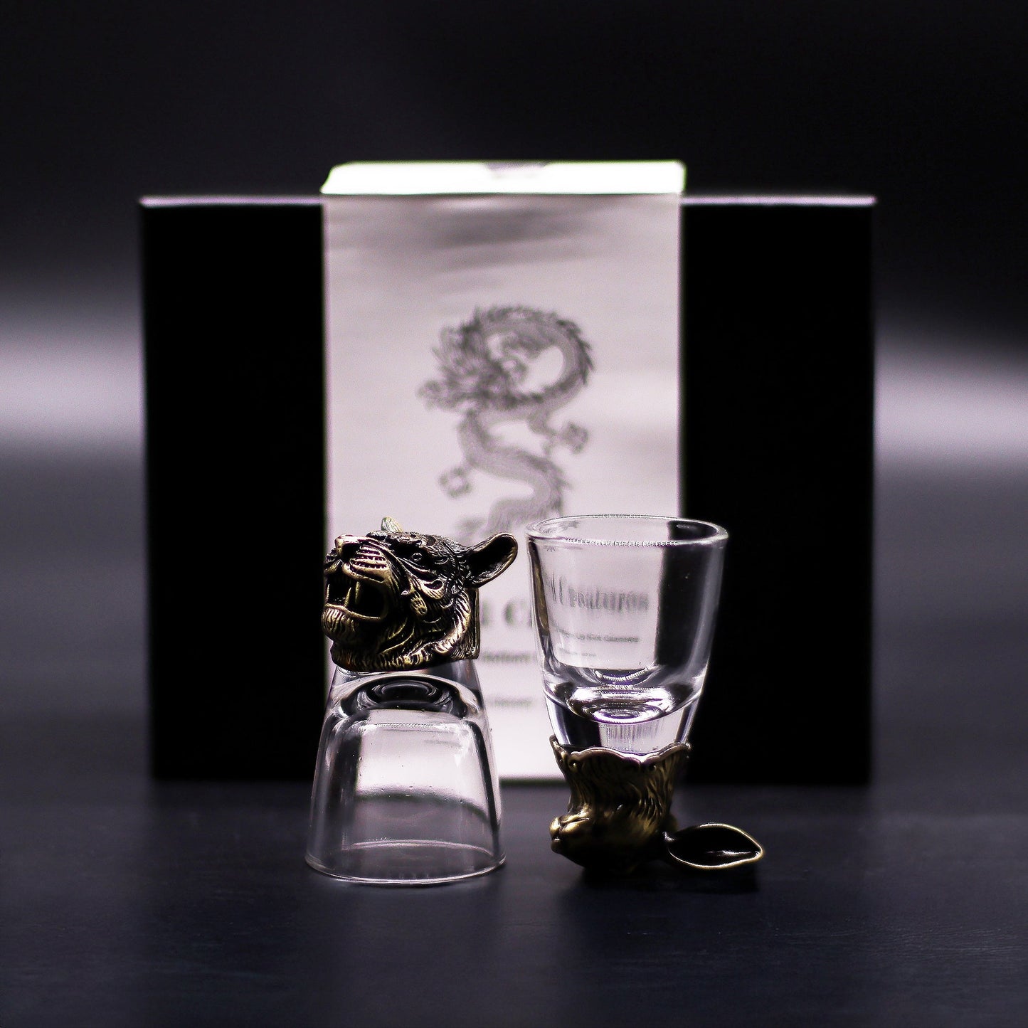 Set of 6 x 50ml Mystical Creatures Glasses - Antique Bronze product packaging on clean background from Quintessential Holistic Health Ltd
