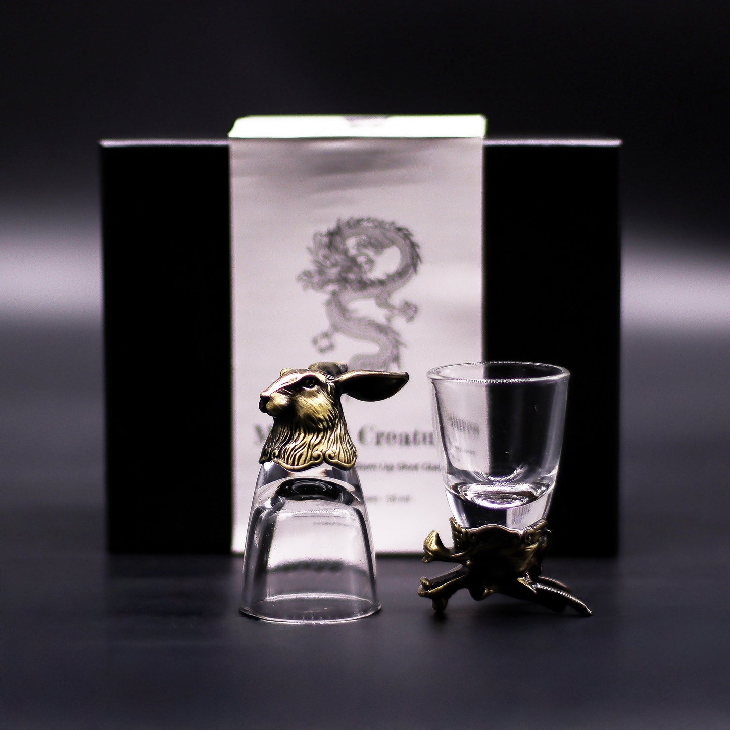 Set of 6 x 50ml Mystical Creatures Glasses - Antique Bronze product packaging on clean background from Quintessential Holistic Health Ltd