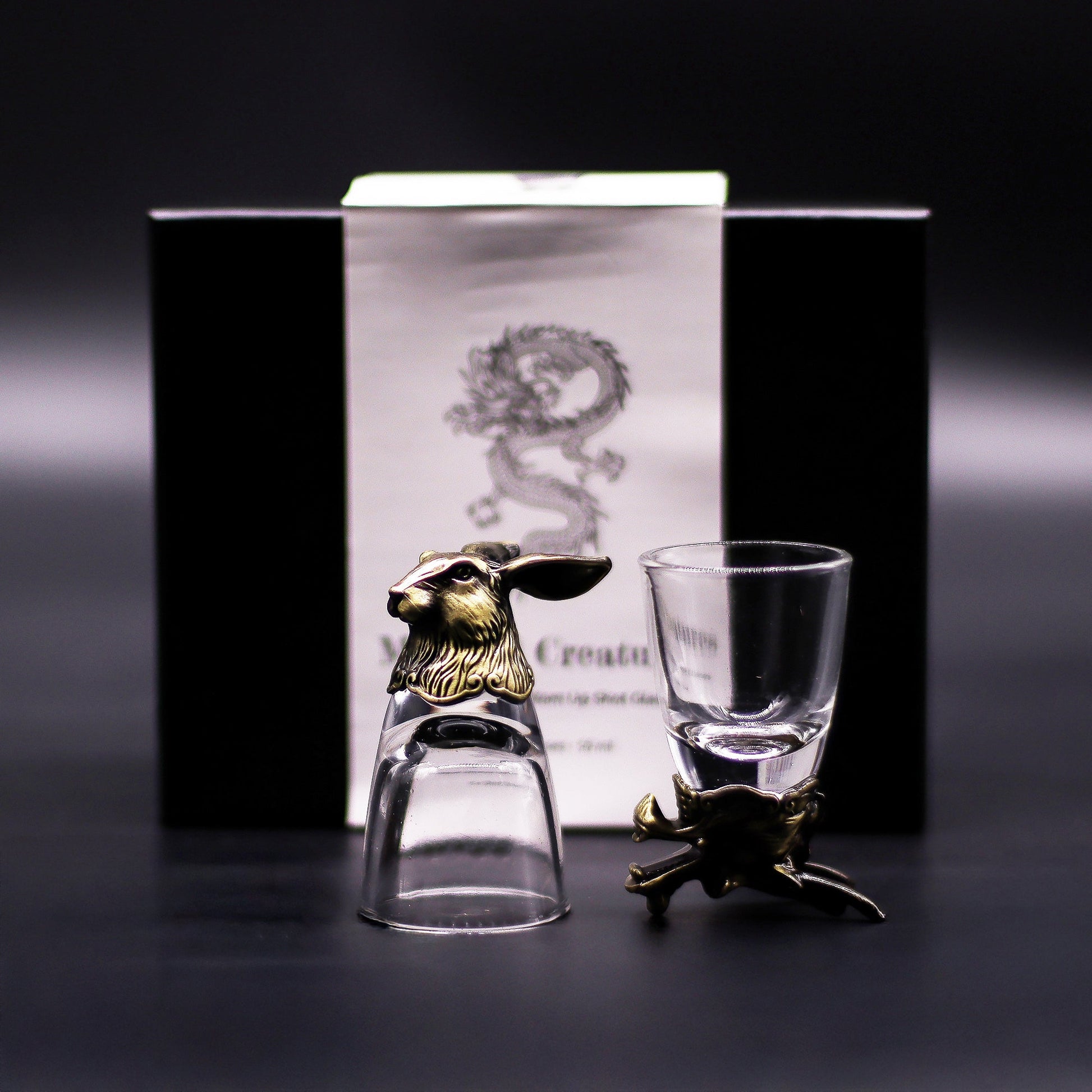 Set of 6 x 50ml Mystical Creatures Glasses - Antique Bronze product packaging on clean background from Quintessential Holistic Health Ltd