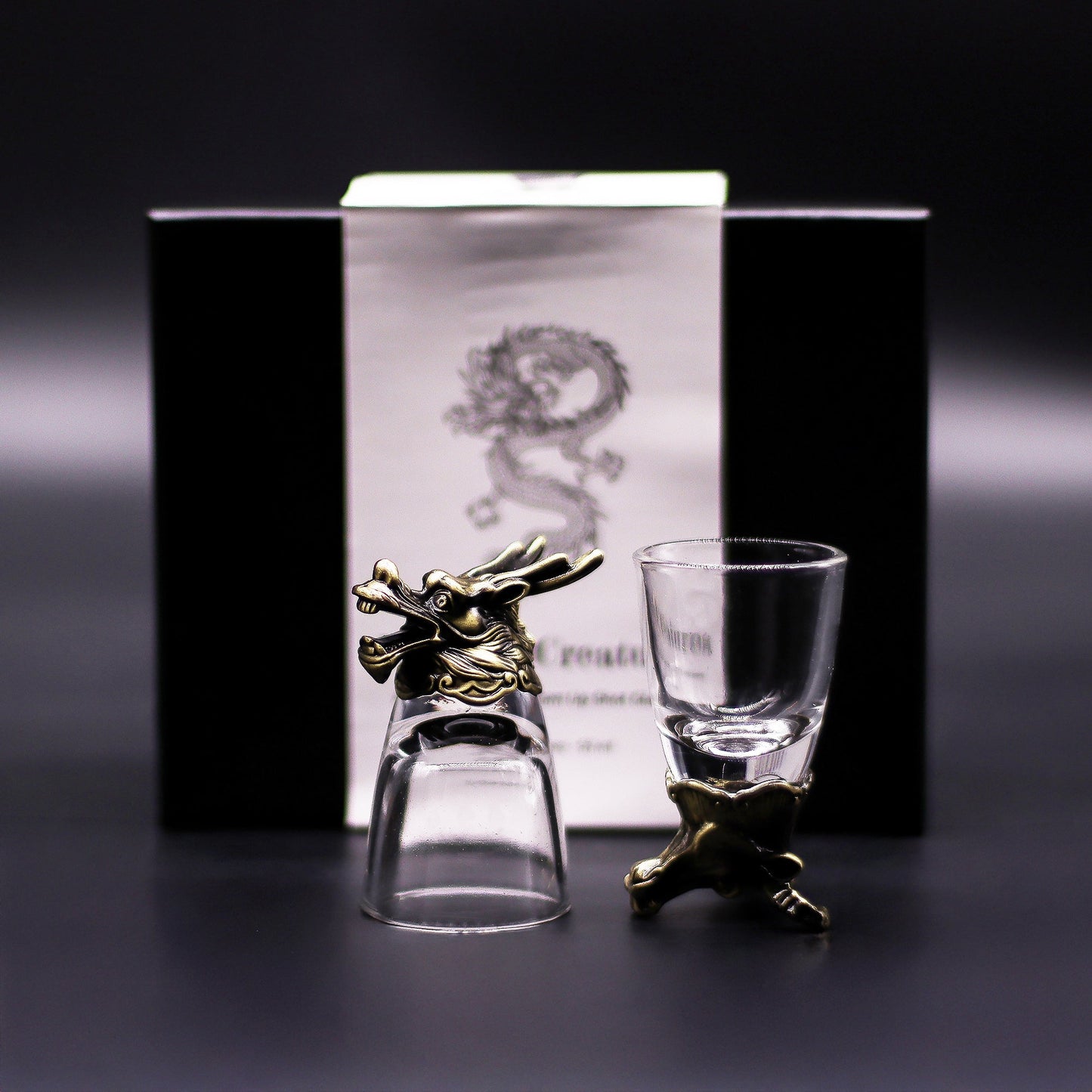 Set of 6 x 50ml Mystical Creatures Glasses - Antique Bronze product packaging on clean background from Quintessential Holistic Health Ltd