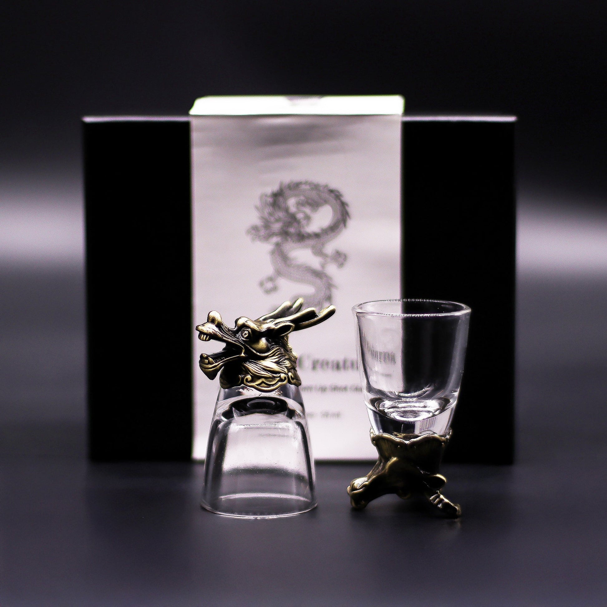 Set of 6 x 50ml Mystical Creatures Glasses - Antique Bronze product packaging on clean background from Quintessential Holistic Health Ltd