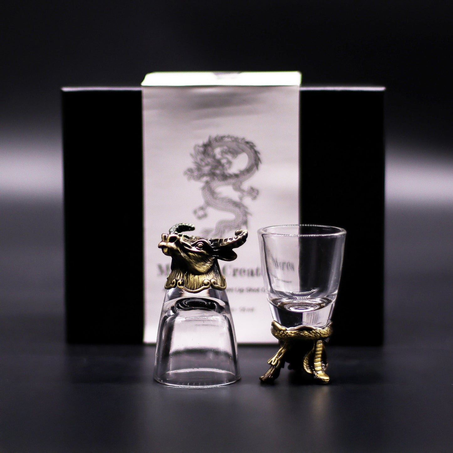 Set of 6 x 50ml Mystical Creatures Glasses - Antique Bronze product packaging on clean background from Quintessential Holistic Health Ltd