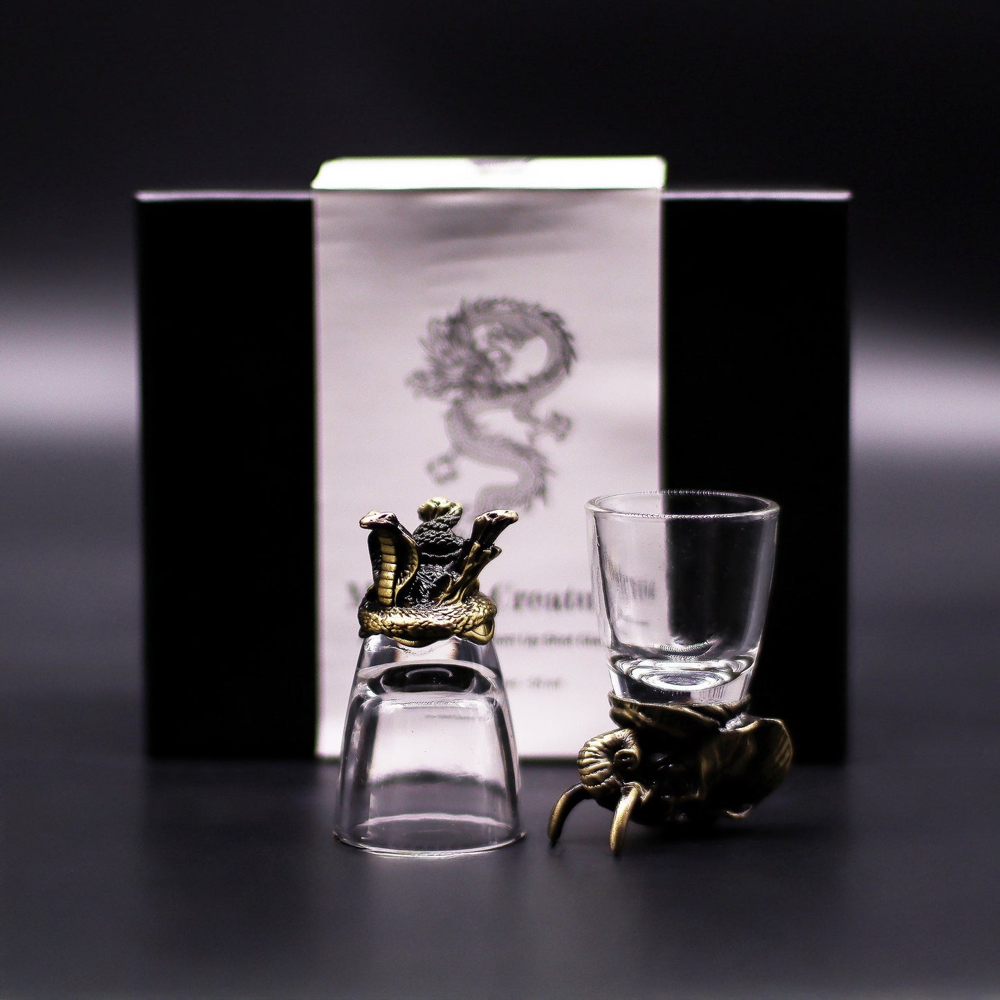 Set of 6 x 50ml Mystical Creatures Glasses - Antique Bronze product packaging on clean background from Quintessential Holistic Health Ltd