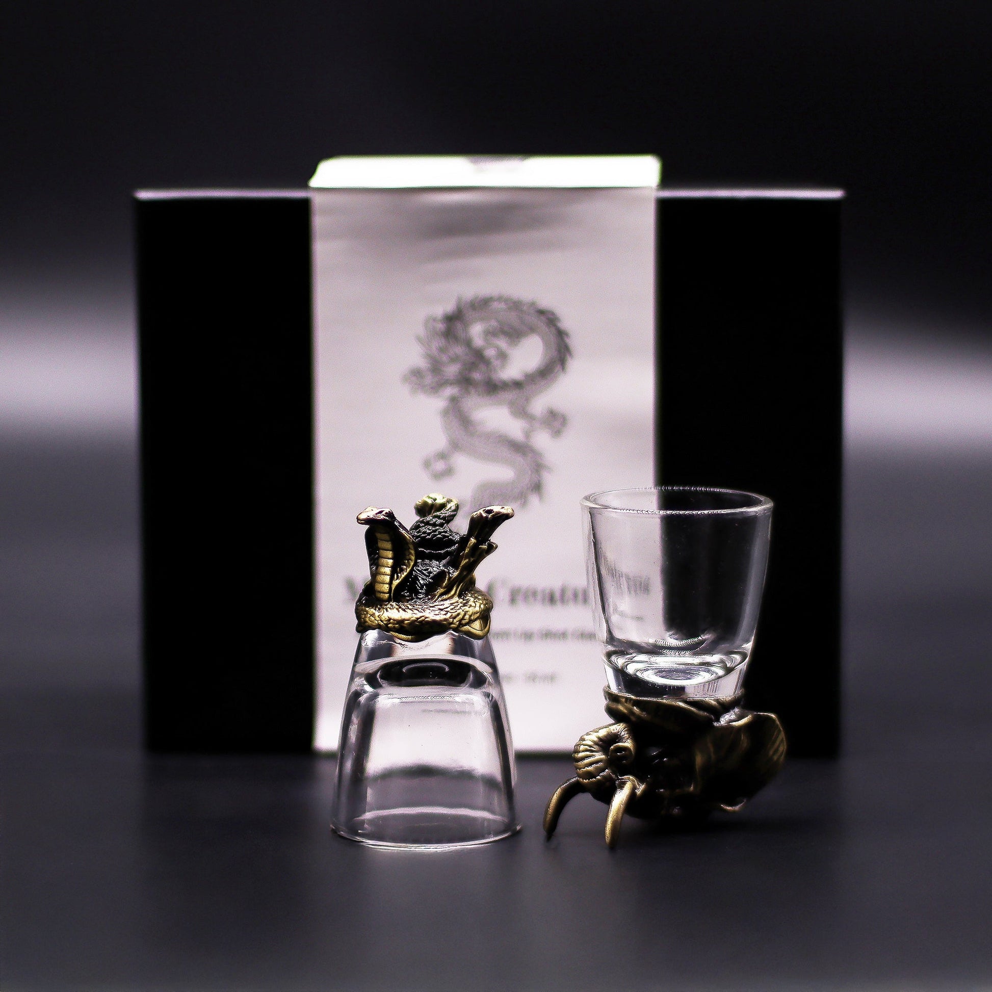 Set of 6 x 50ml Mystical Creatures Glasses - Antique Bronze product packaging on clean background from Quintessential Holistic Health Ltd