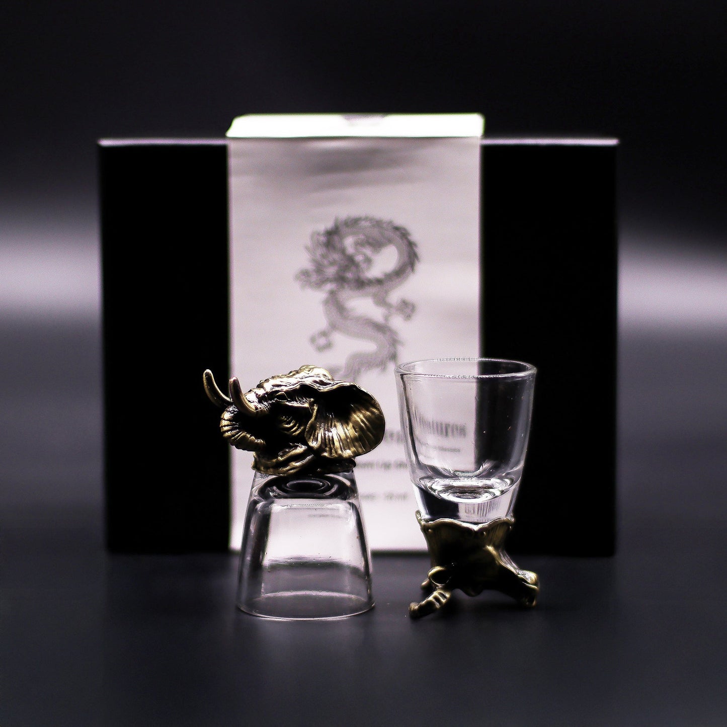 Set of 6 x 50ml Mystical Creatures Glasses - Antique Bronze product packaging on clean background from Quintessential Holistic Health Ltd