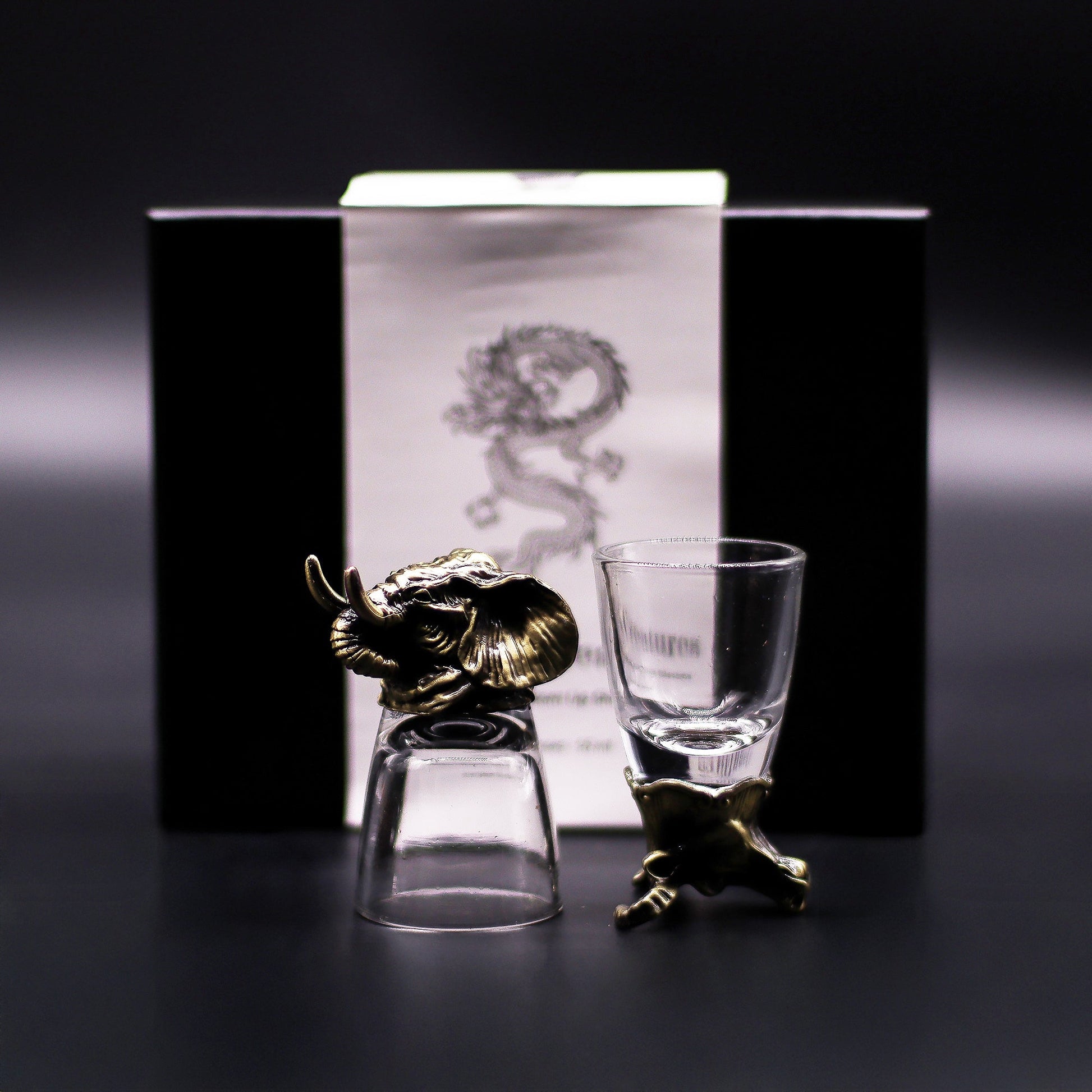 Set of 6 x 50ml Mystical Creatures Glasses - Antique Bronze product packaging on clean background from Quintessential Holistic Health Ltd