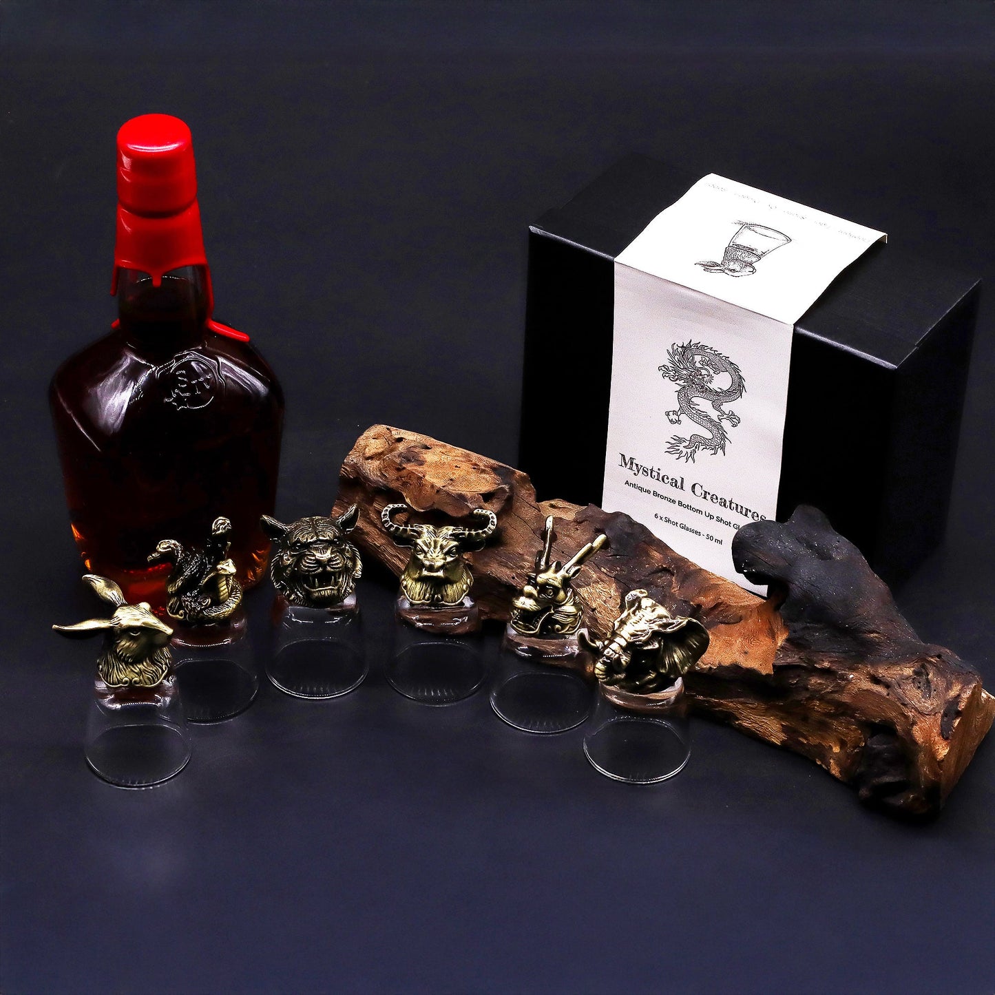 Set of 6 x 50ml Mystical Creatures Glasses - Antique Bronze product packaging on clean background from Quintessential Holistic Health Ltd