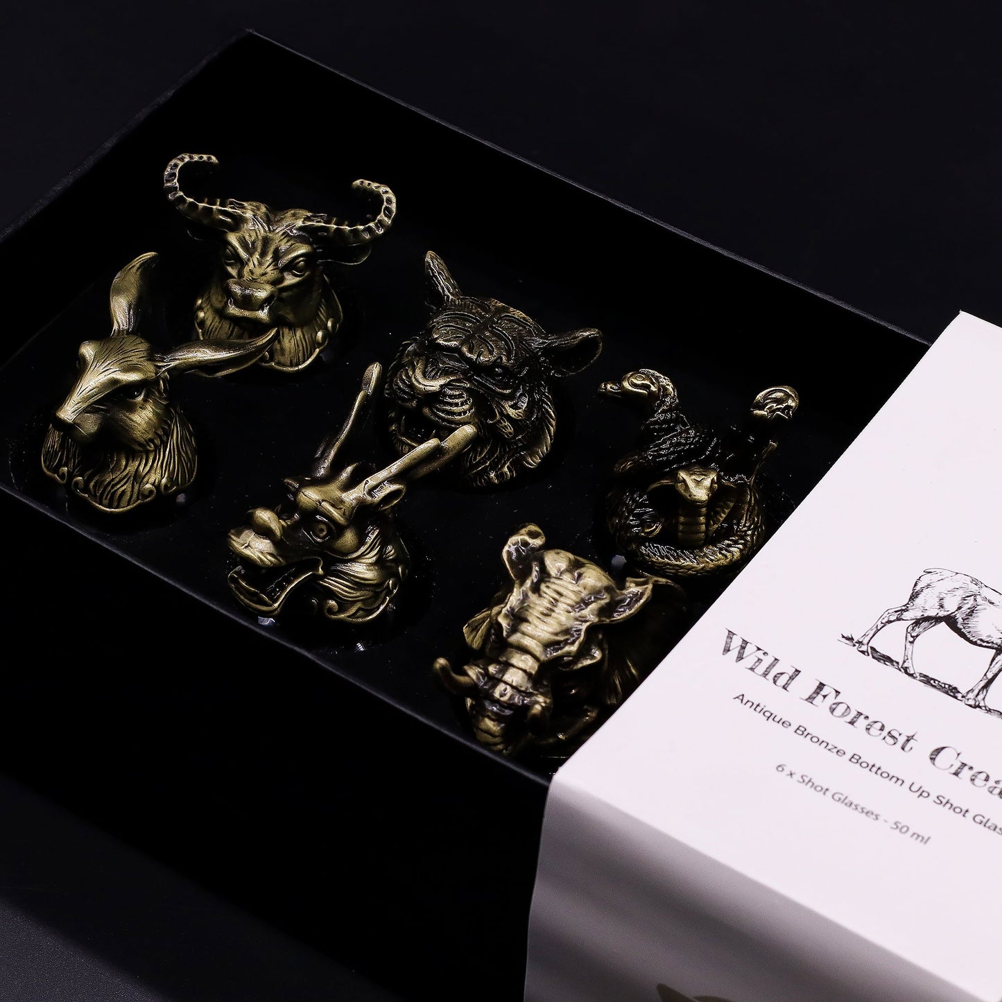 Set of 6 x 50ml Mystical Creatures Glasses - Antique Bronze product packaging on clean background from Quintessential Holistic Health Ltd