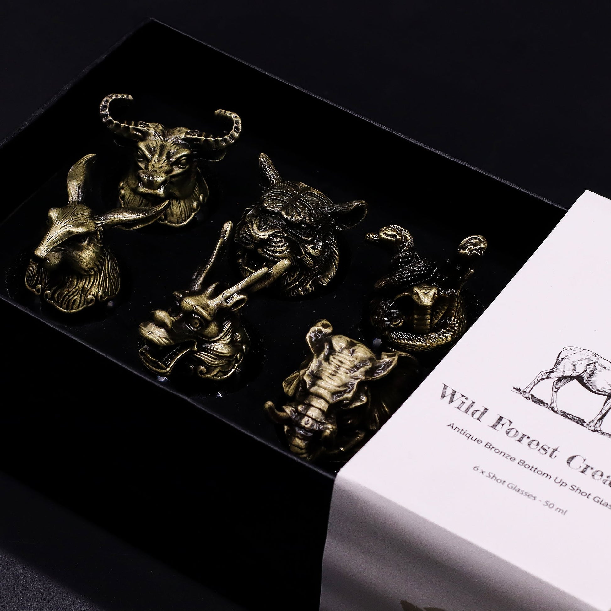 Set of 6 x 50ml Mystical Creatures Glasses - Antique Bronze product packaging on clean background from Quintessential Holistic Health Ltd