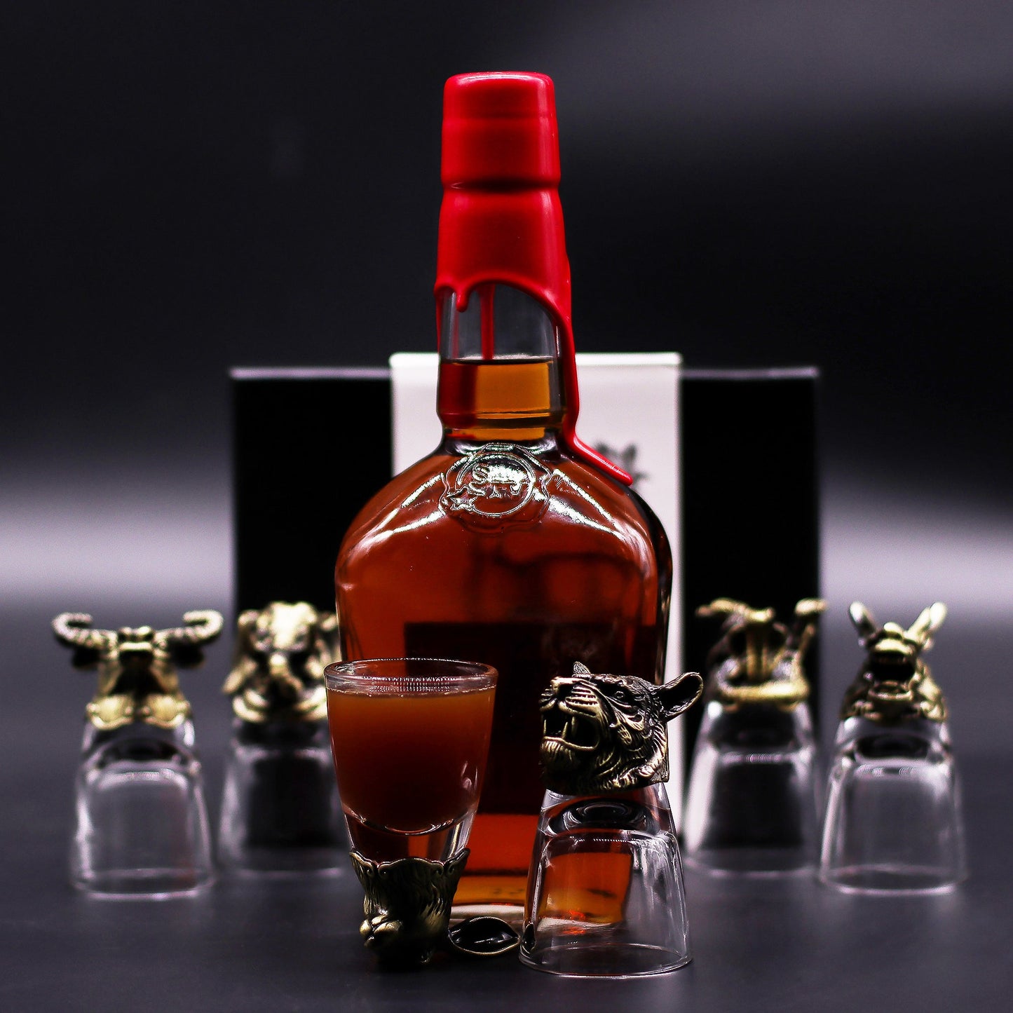 Set of 6 x 50ml Mystical Creatures Glasses - Antique Bronze product packaging on clean background from Quintessential Holistic Health Ltd