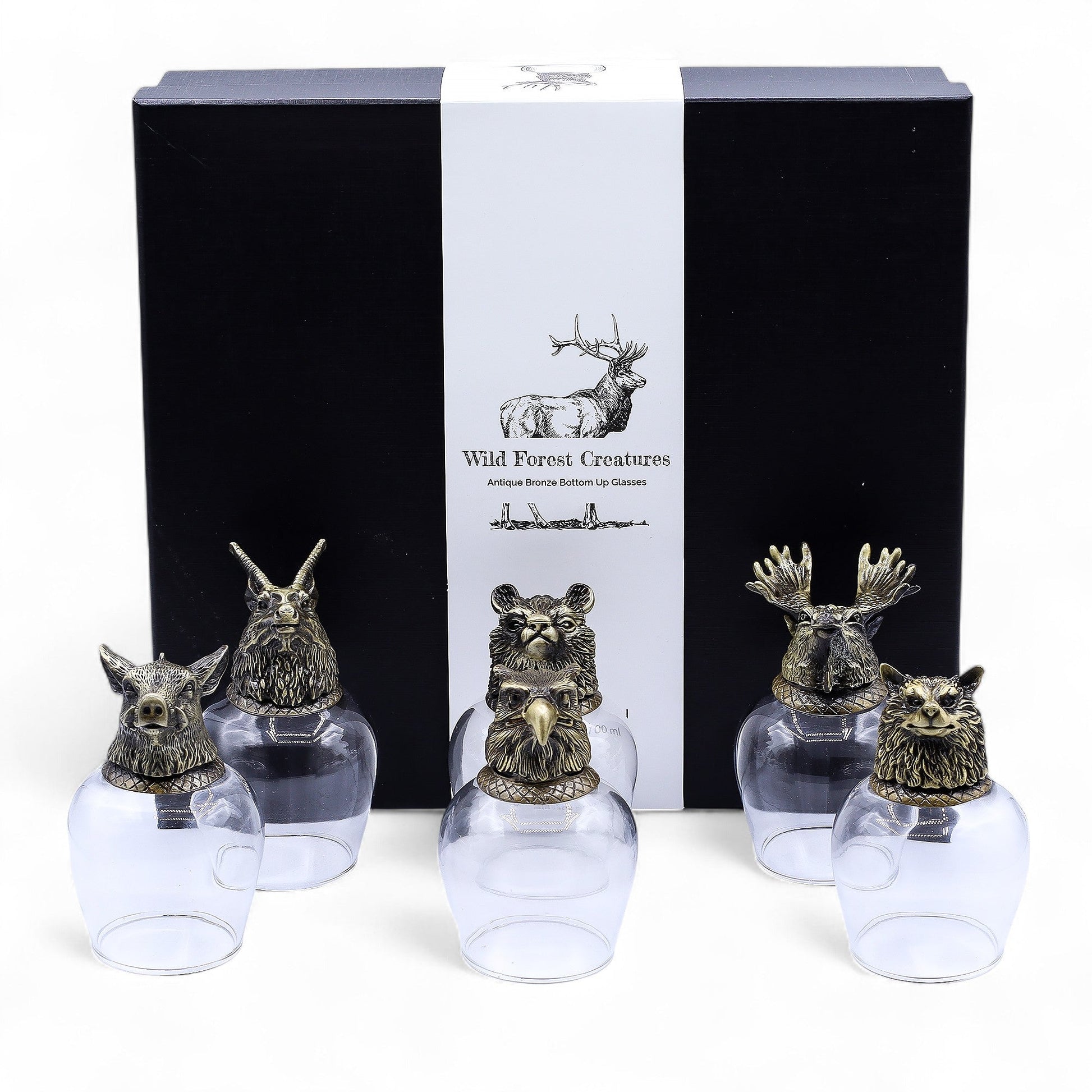 Set of 6 x 100ml Wild Forest Creatures Glasses - Antique Bronze product packaging on clean background from Quintessential Holistic Health Ltd