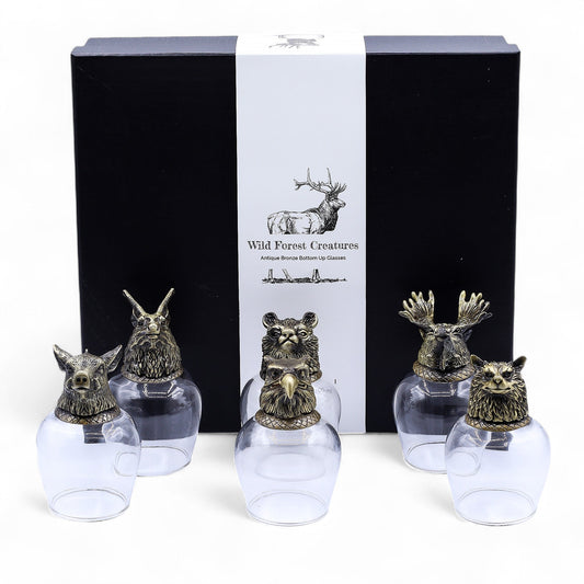 Set of 6 x 100ml Wild Forest Creatures Glasses - Antique Bronze product packaging on clean background from Quintessential Holistic Health Ltd