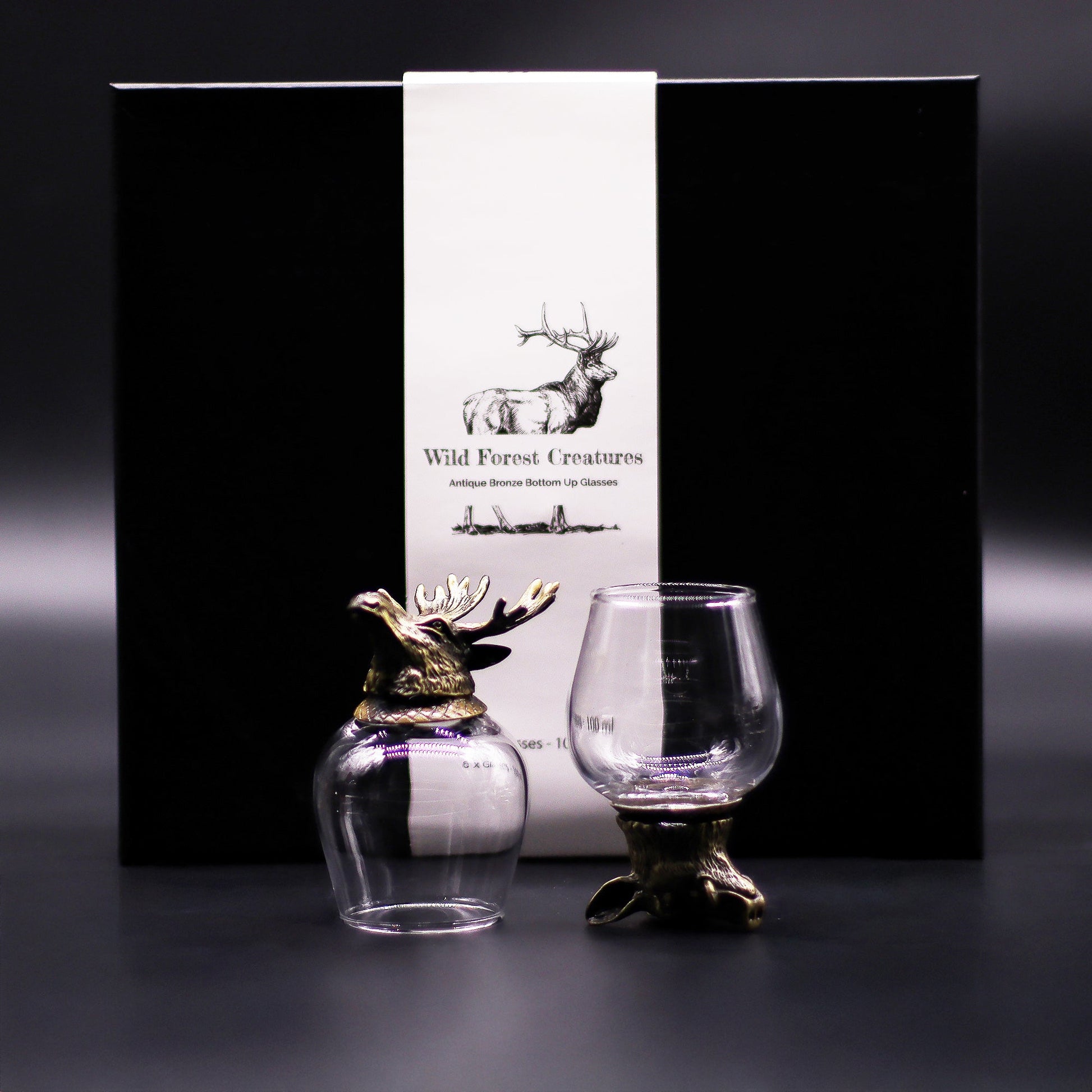 Set of 6 x 100ml Wild Forest Creatures Glasses - Antique Bronze product packaging on clean background from Quintessential Holistic Health Ltd