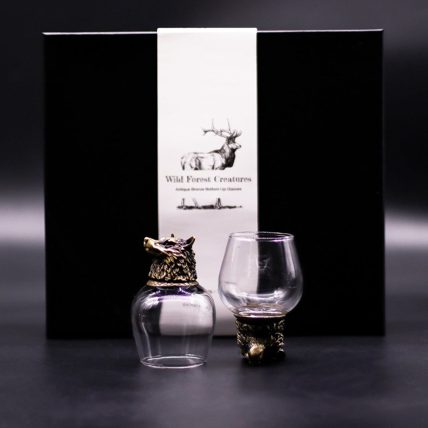Set of 6 x 100ml Wild Forest Creatures Glasses - Antique Bronze product packaging on clean background from Quintessential Holistic Health Ltd
