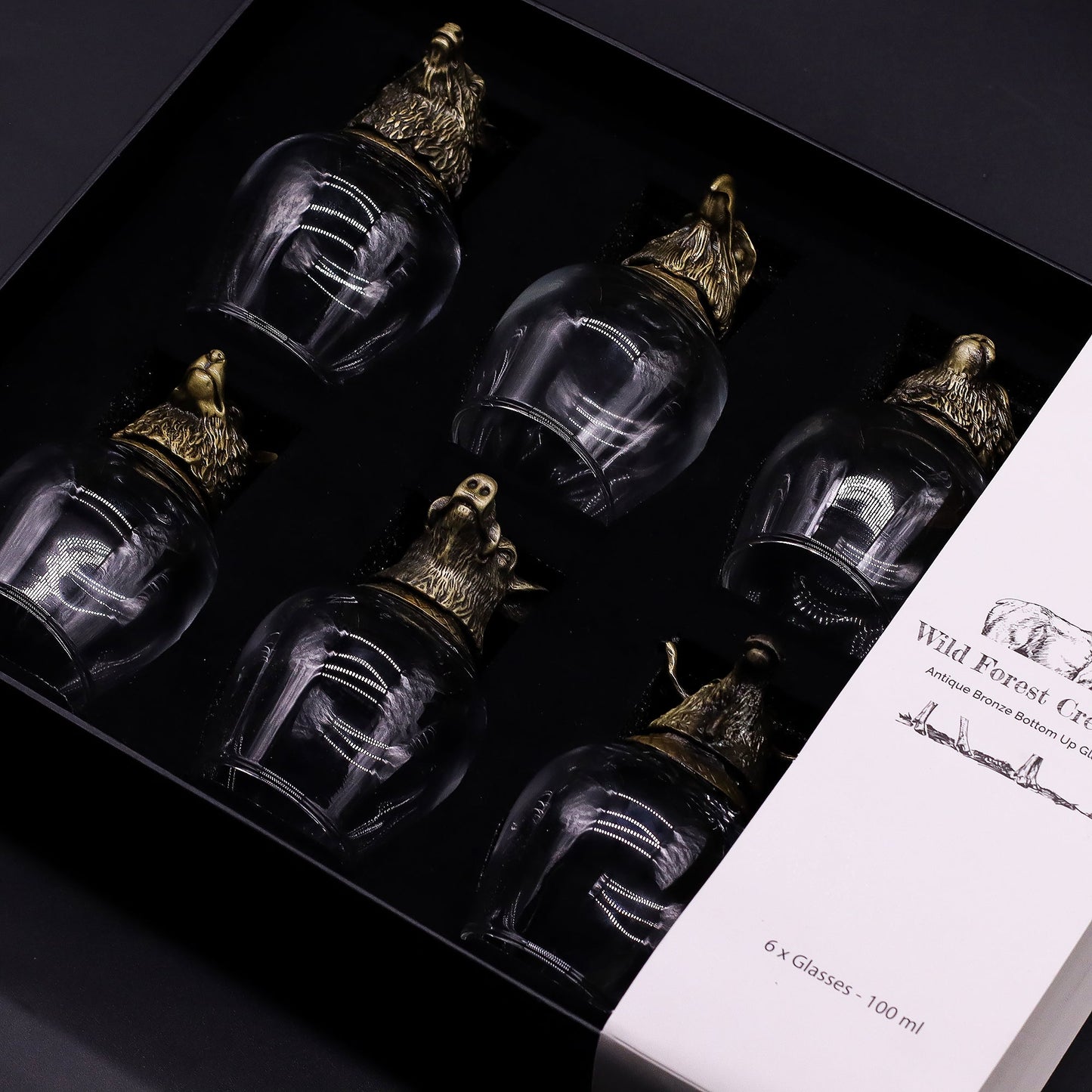 Set of 6 x 100ml Wild Forest Creatures Glasses - Antique Bronze product packaging on clean background from Quintessential Holistic Health Ltd