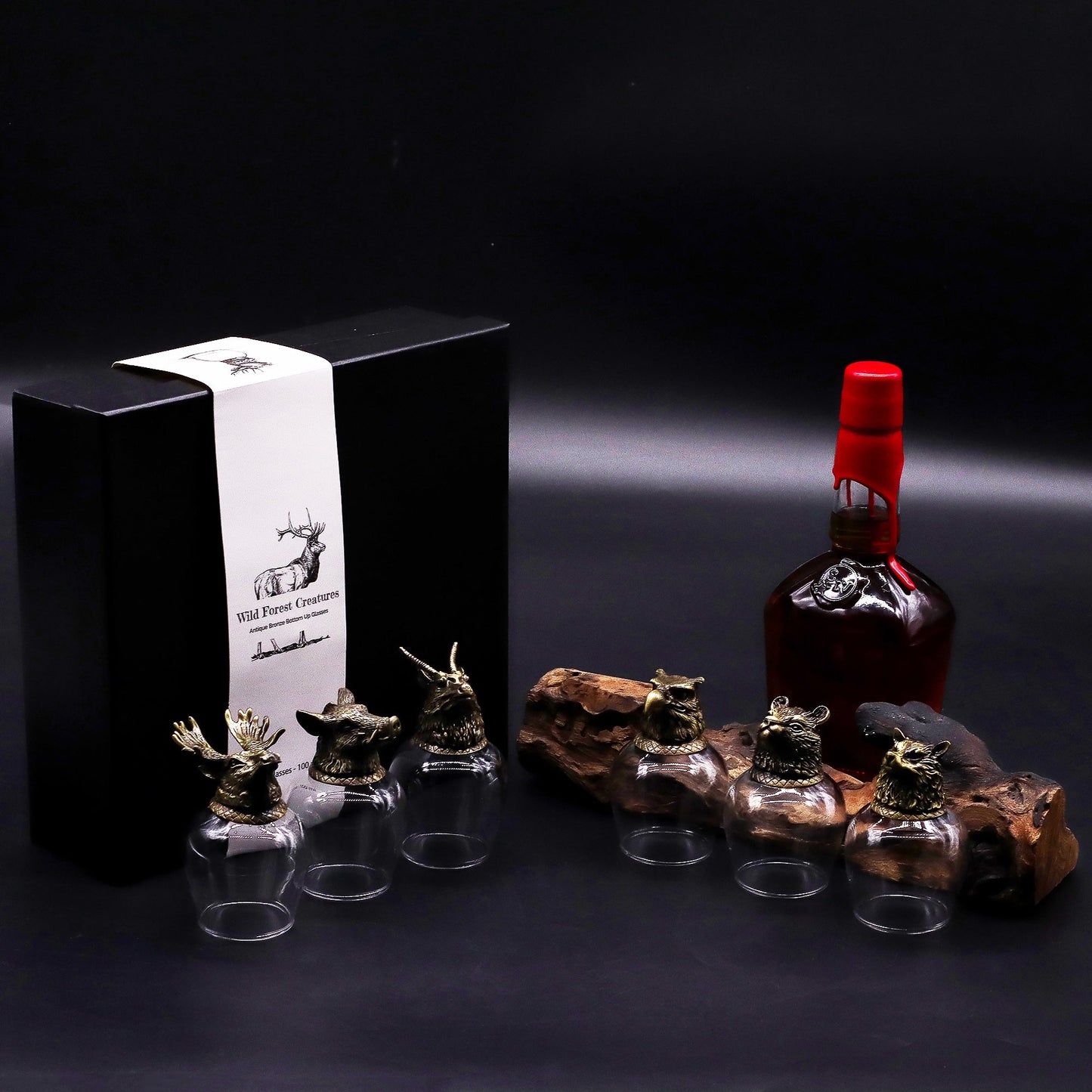 Set of 6 x 100ml Wild Forest Creatures Glasses - Antique Bronze product packaging on clean background from Quintessential Holistic Health Ltd