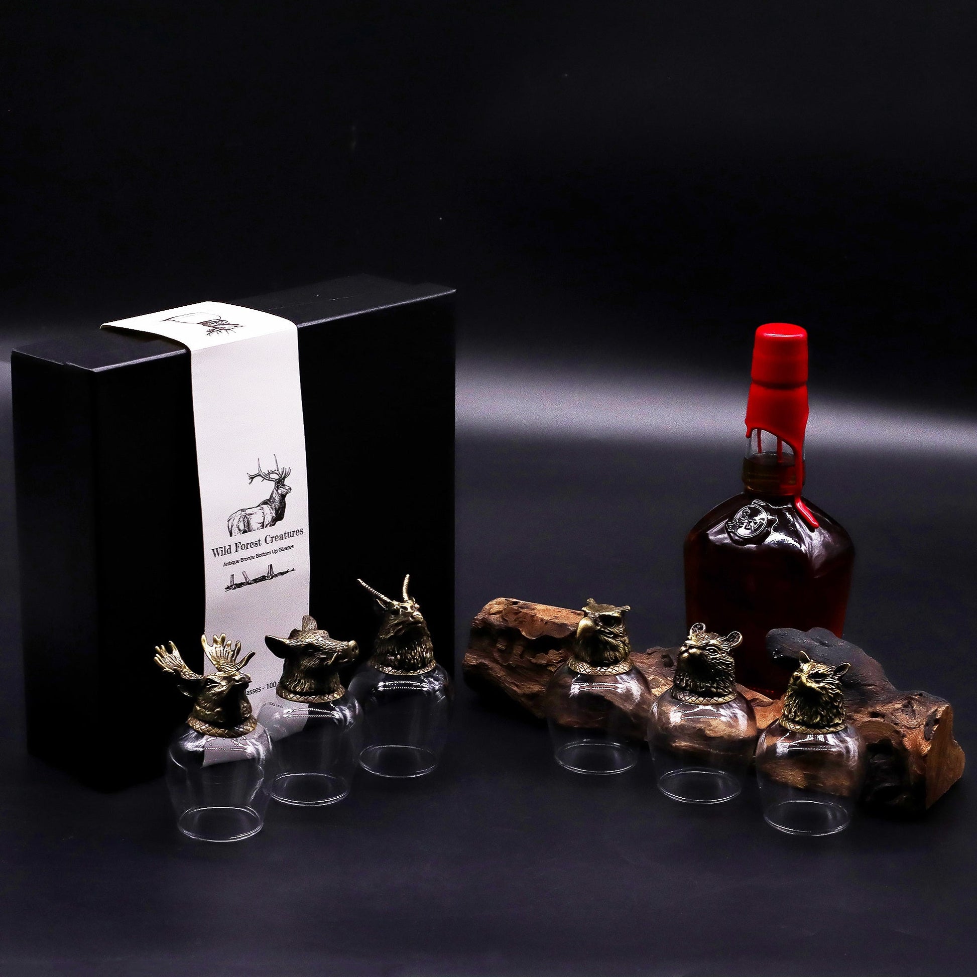 Set of 6 x 100ml Wild Forest Creatures Glasses - Antique Bronze product packaging on clean background from Quintessential Holistic Health Ltd