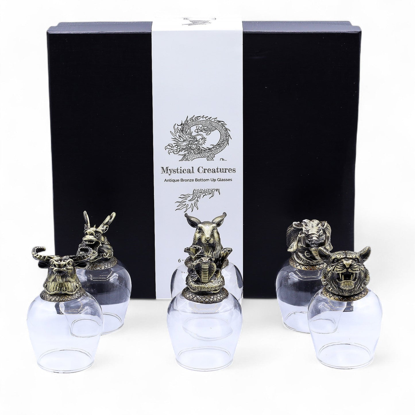 Set of 6 x 100ml Mystical Creatures Glasses - Antique Bronze product packaging on clean background from Quintessential Holistic Health Ltd
