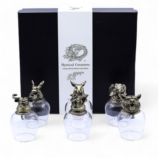 Set of 6 x 100ml Mystical Creatures Glasses - Antique Bronze product packaging on clean background from Quintessential Holistic Health Ltd