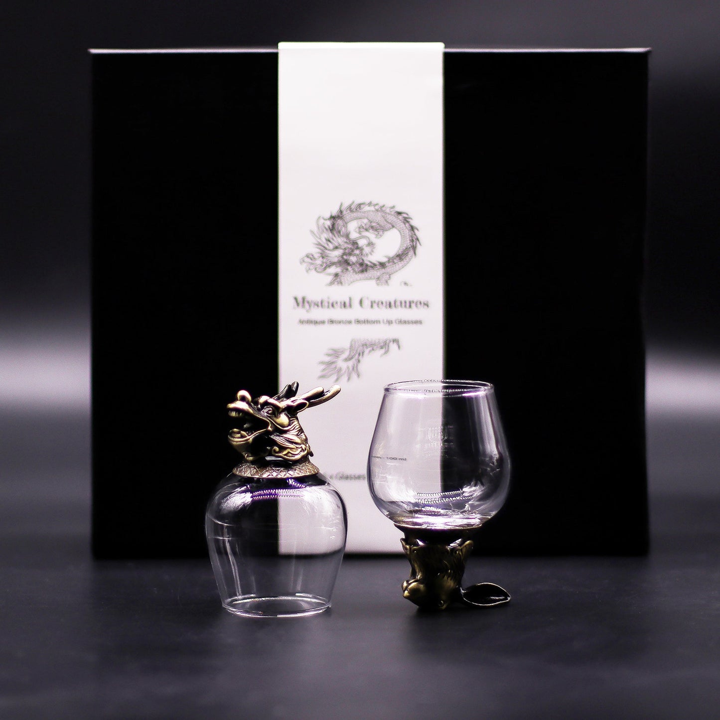 Set of 6 x 100ml Mystical Creatures Glasses - Antique Bronze product packaging on clean background from Quintessential Holistic Health Ltd