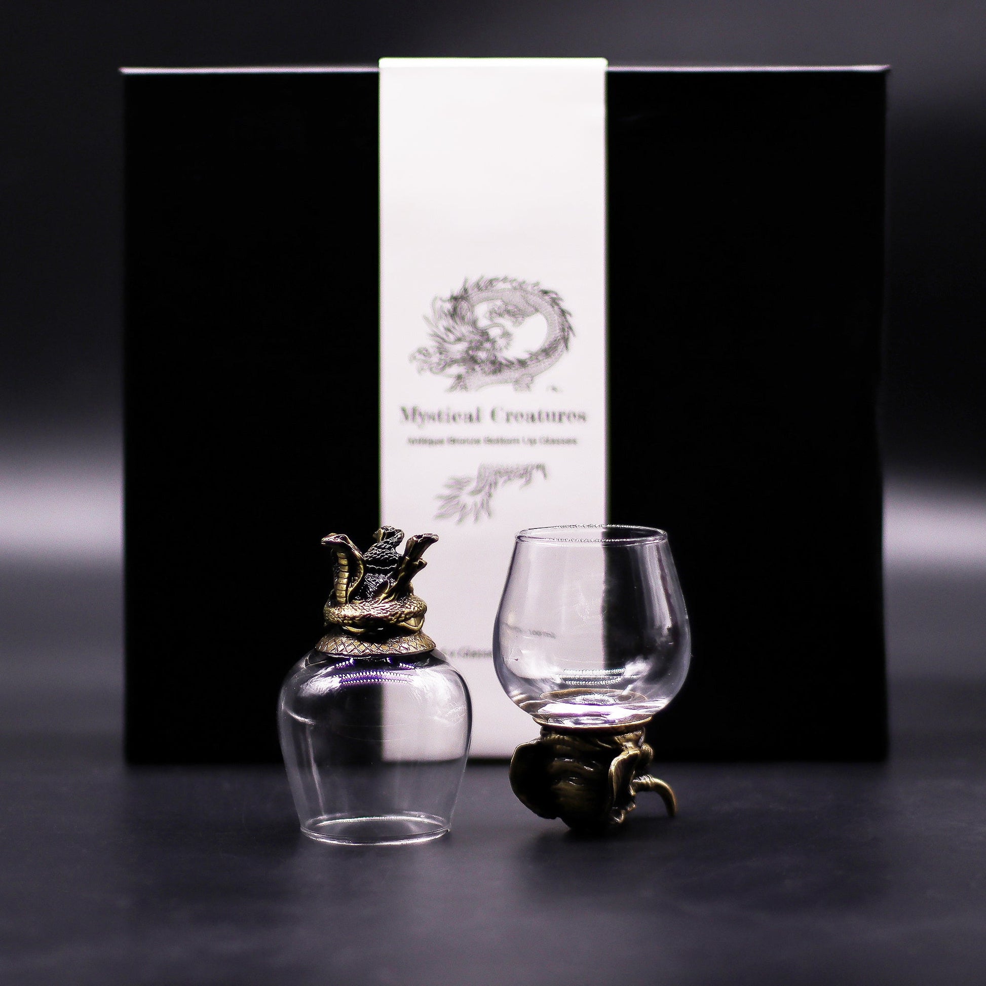 Set of 6 x 100ml Mystical Creatures Glasses - Antique Bronze product packaging on clean background from Quintessential Holistic Health Ltd