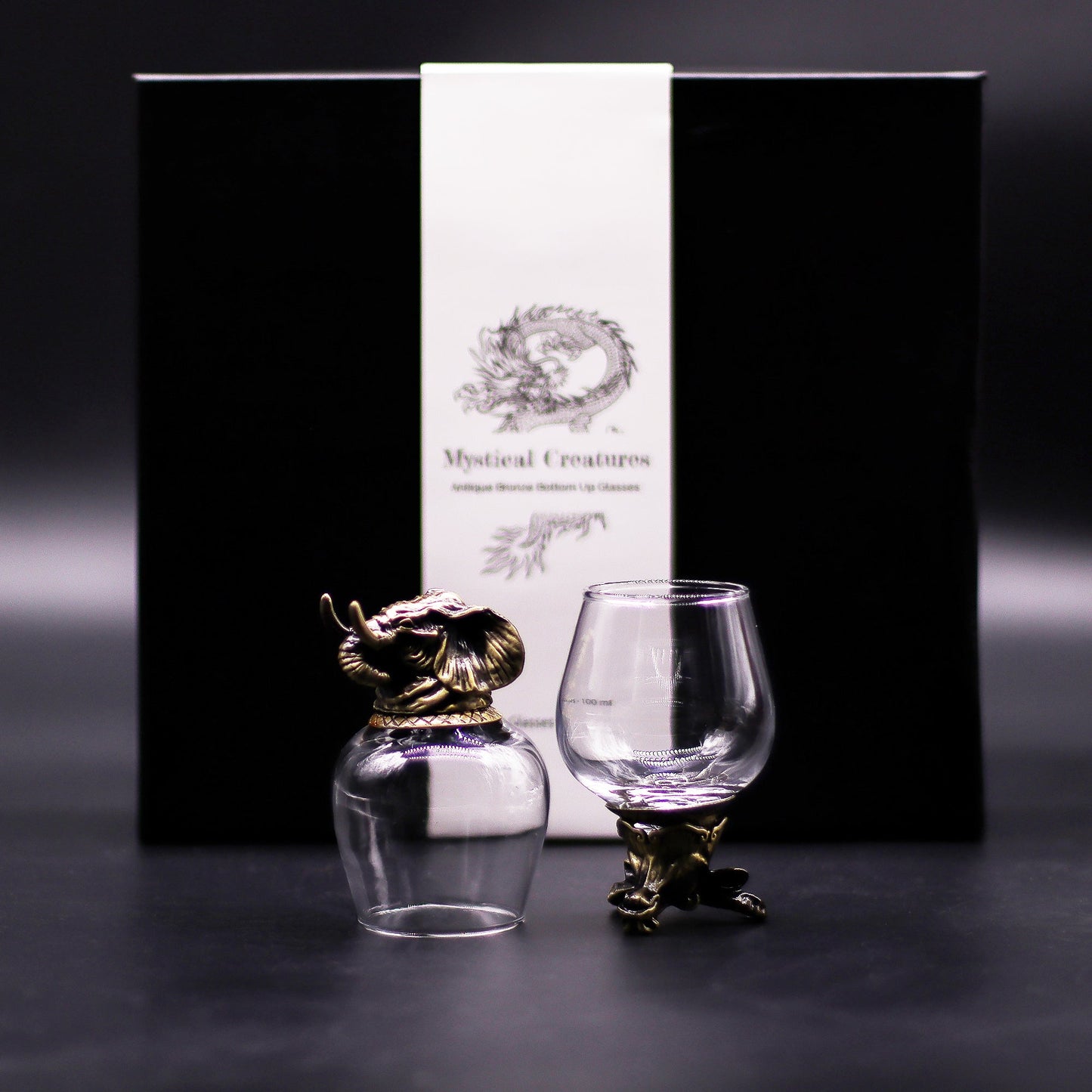 Set of 6 x 100ml Mystical Creatures Glasses - Antique Bronze product packaging on clean background from Quintessential Holistic Health Ltd