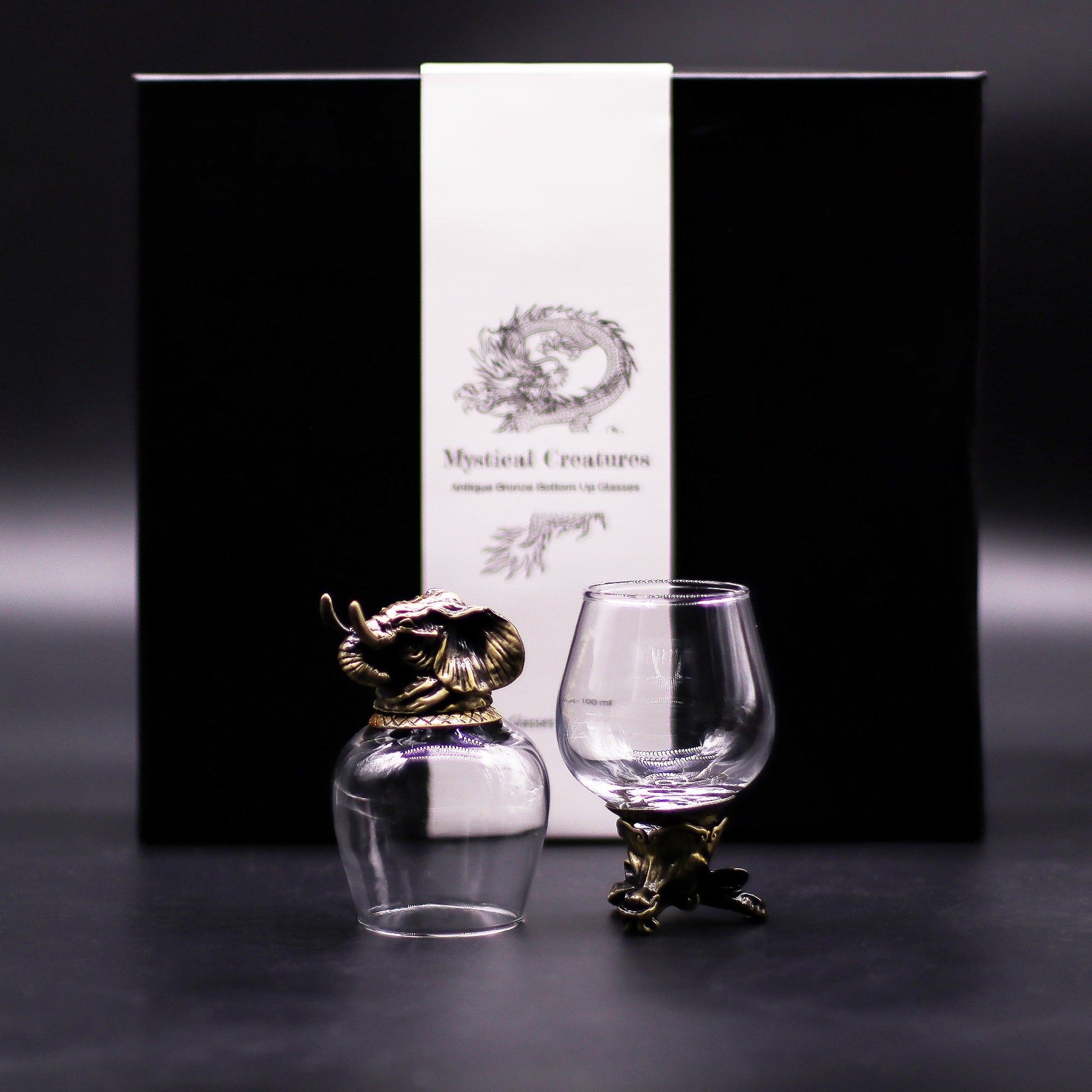 Set of 6 x 100ml Mystical Creatures Glasses - Antique Bronze product packaging on clean background from Quintessential Holistic Health Ltd