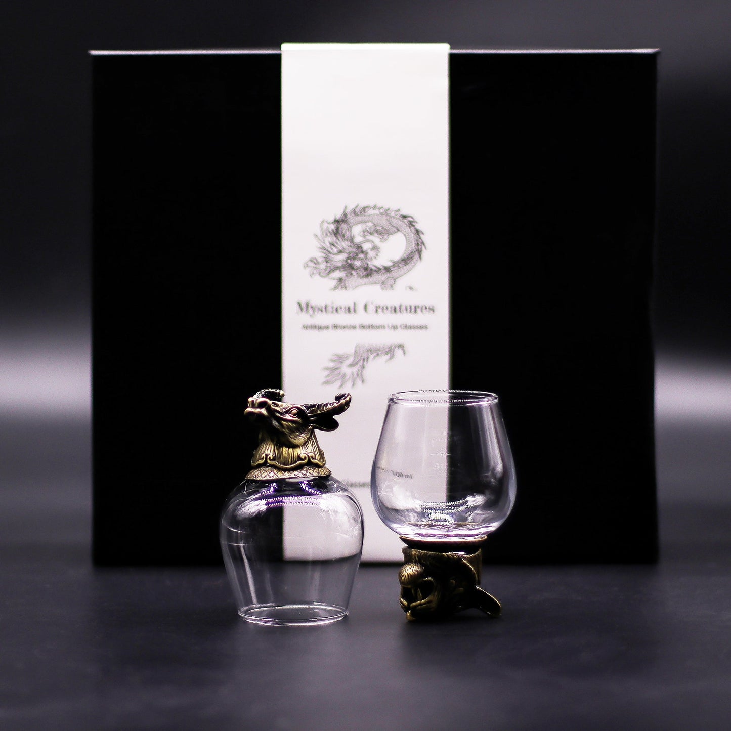 Set of 6 x 100ml Mystical Creatures Glasses - Antique Bronze product packaging on clean background from Quintessential Holistic Health Ltd