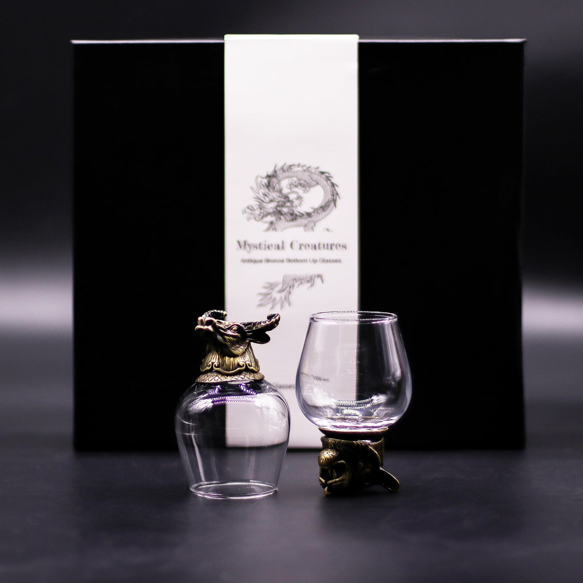 Set of 6 x 100ml Mystical Creatures Glasses - Antique Bronze product packaging on clean background from Quintessential Holistic Health Ltd