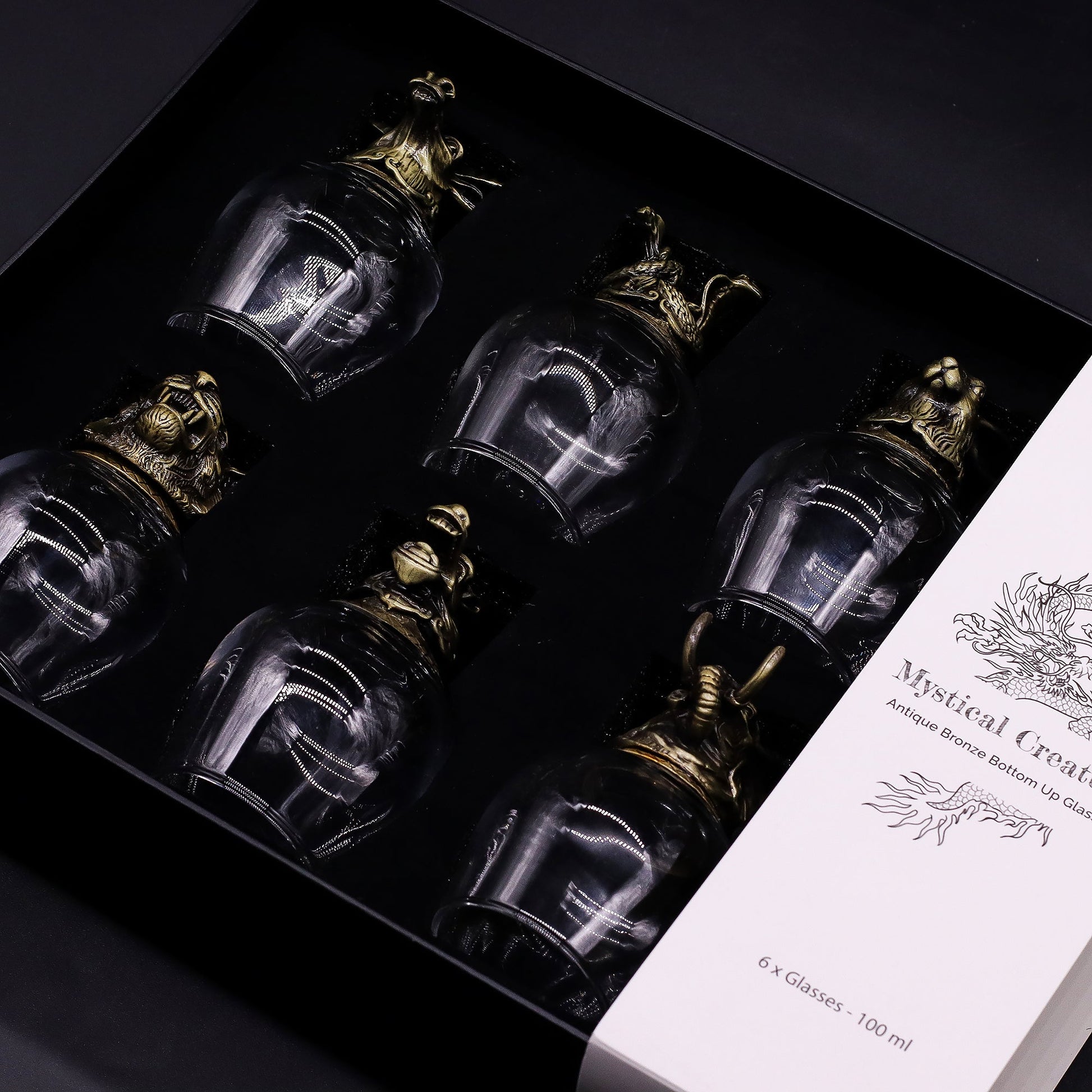 Set of 6 x 100ml Mystical Creatures Glasses - Antique Bronze product packaging on clean background from Quintessential Holistic Health Ltd