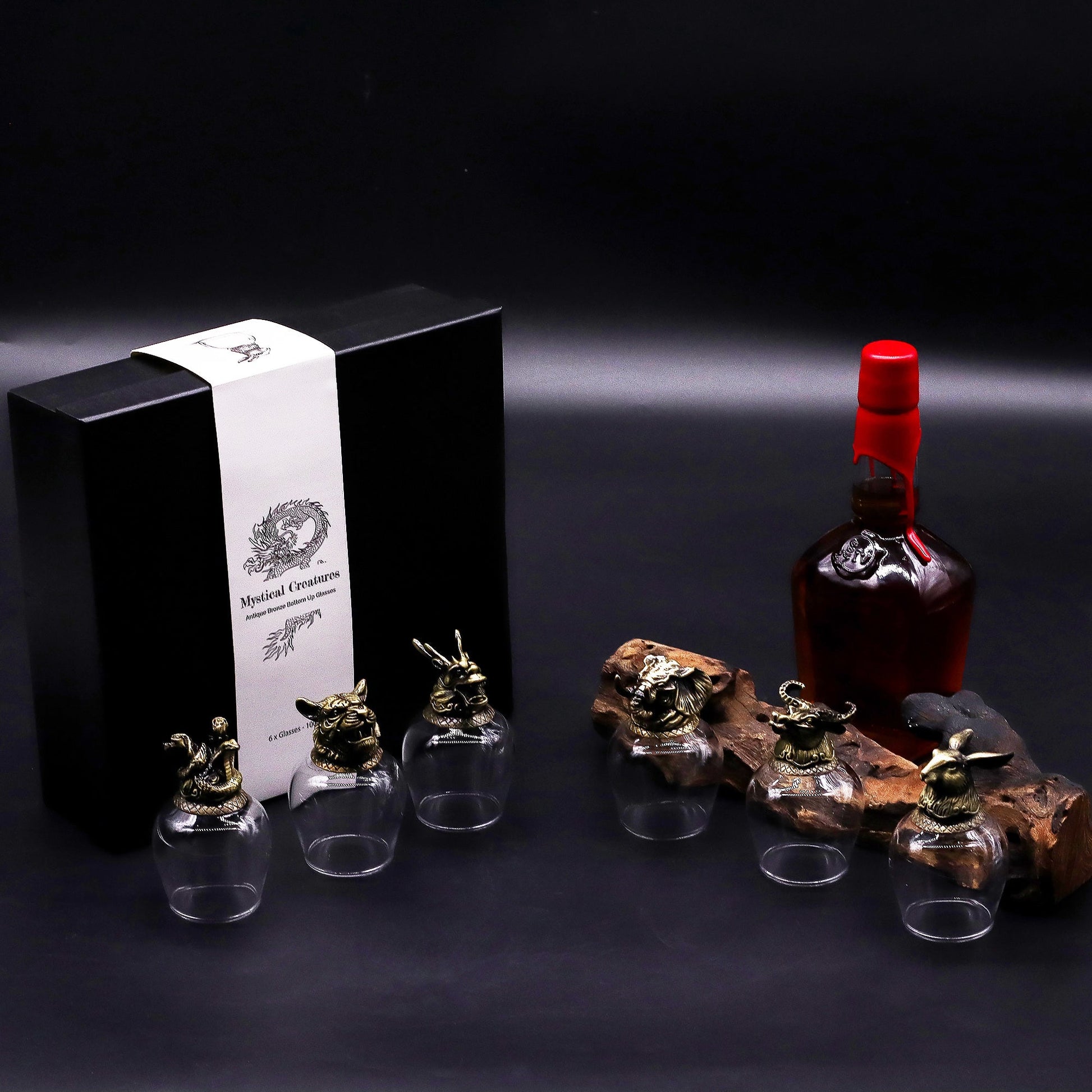 Set of 6 x 100ml Mystical Creatures Glasses - Antique Bronze product packaging on clean background from Quintessential Holistic Health Ltd