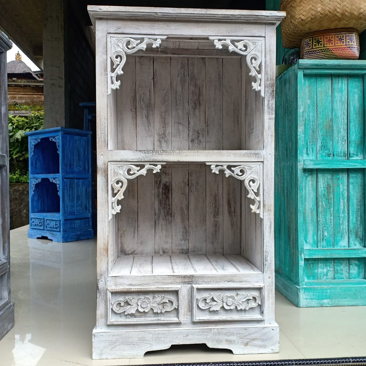 Hand Painted Albasia Wooden Bathroom Cabinet - Natural / Whitewash product packaging on clean background from Quintessential Holistic Health Ltd