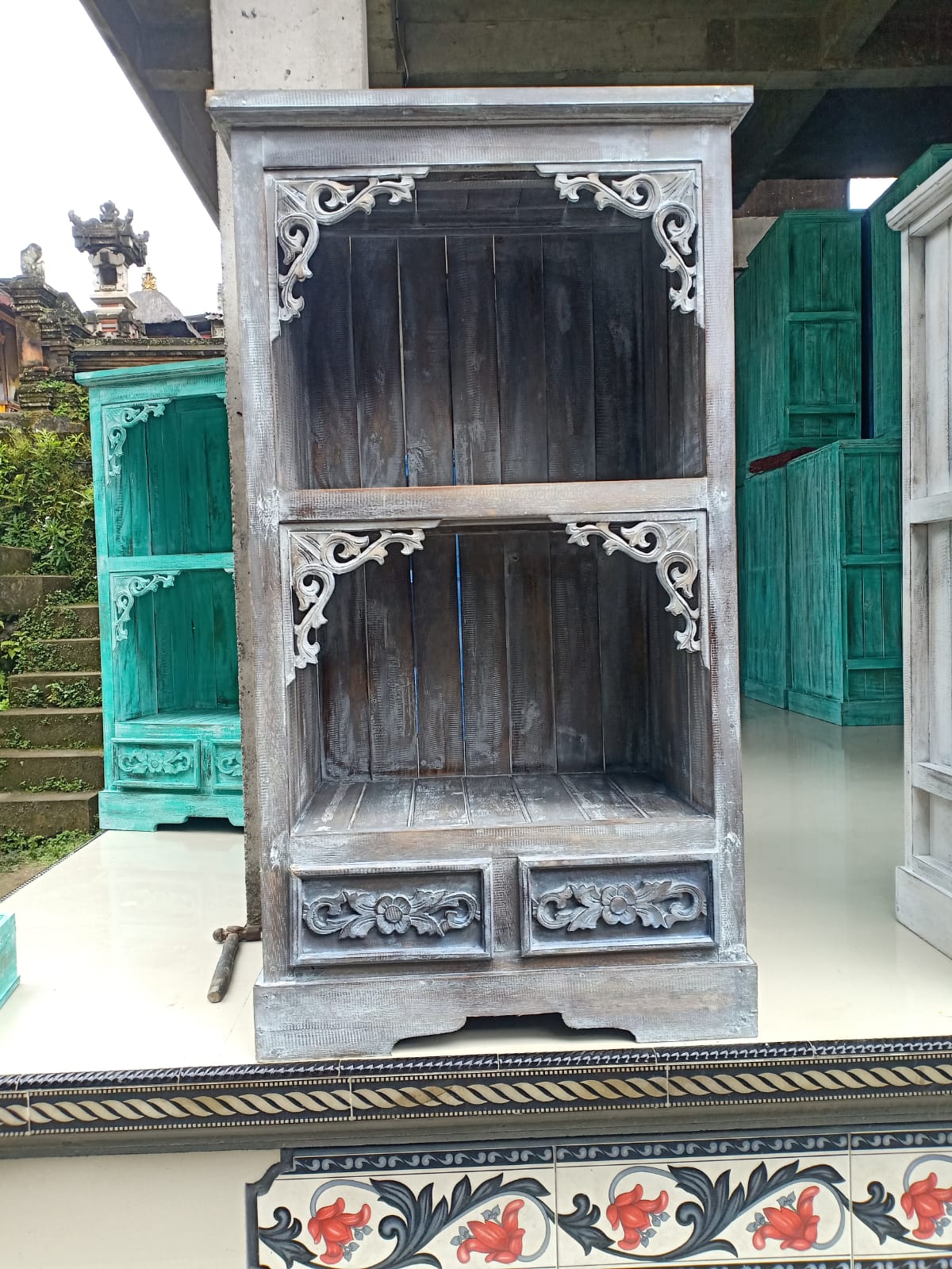 Hand Painted Albasia Wooden Bathroom Cabinet - Greywash product packaging on clean background from Quintessential Holistic Health Ltd