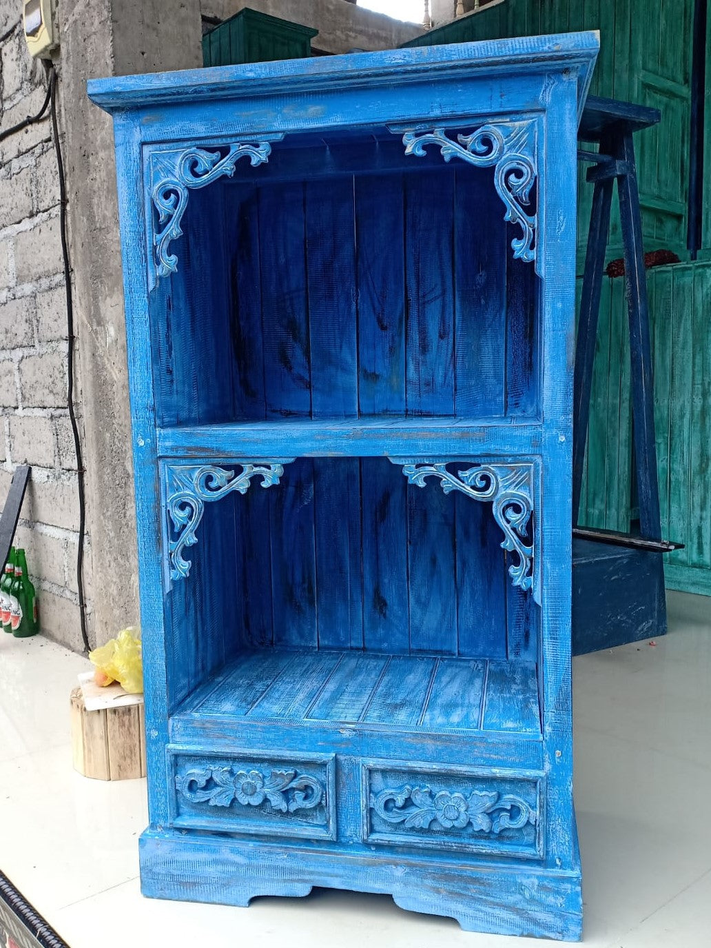 Hand Painted Albasia Wooden Bathroom Cabinet - Bluewash product packaging on clean background from Quintessential Holistic Health Ltd