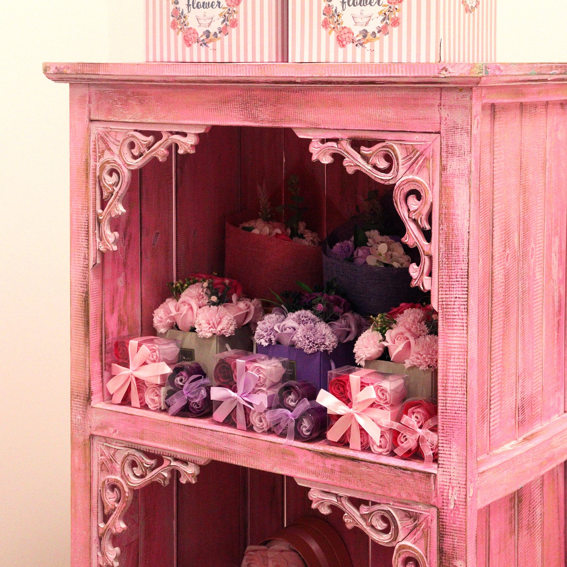 Hand Painted Albasia Wooden Bathroom Cabinet - Pinkwash product packaging on clean background from Quintessential Holistic Health Ltd