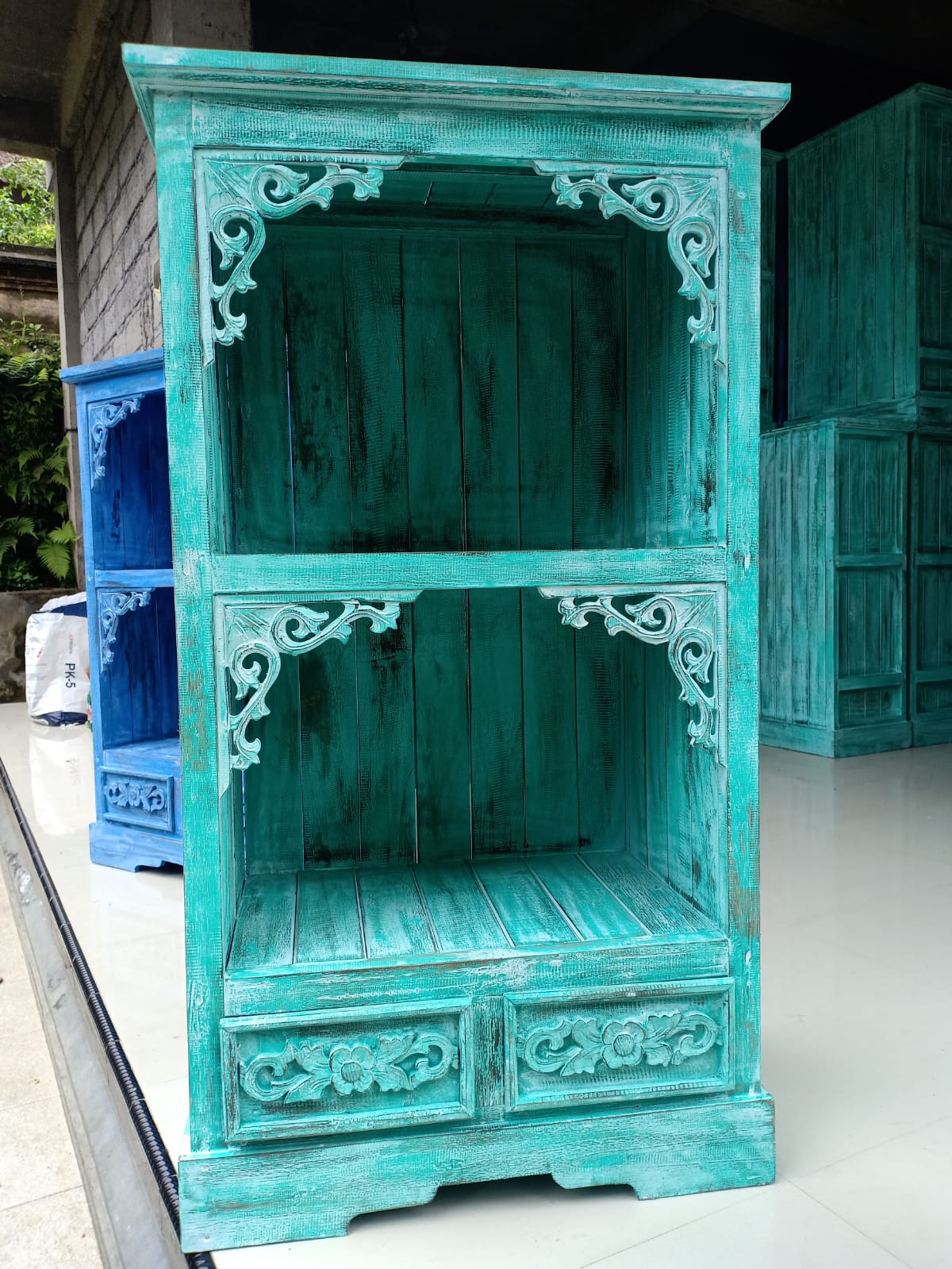 Hand Painted Albasia Wooden Bathroom Cabinet - Turquoisewash product packaging on clean background from Quintessential Holistic Health Ltd