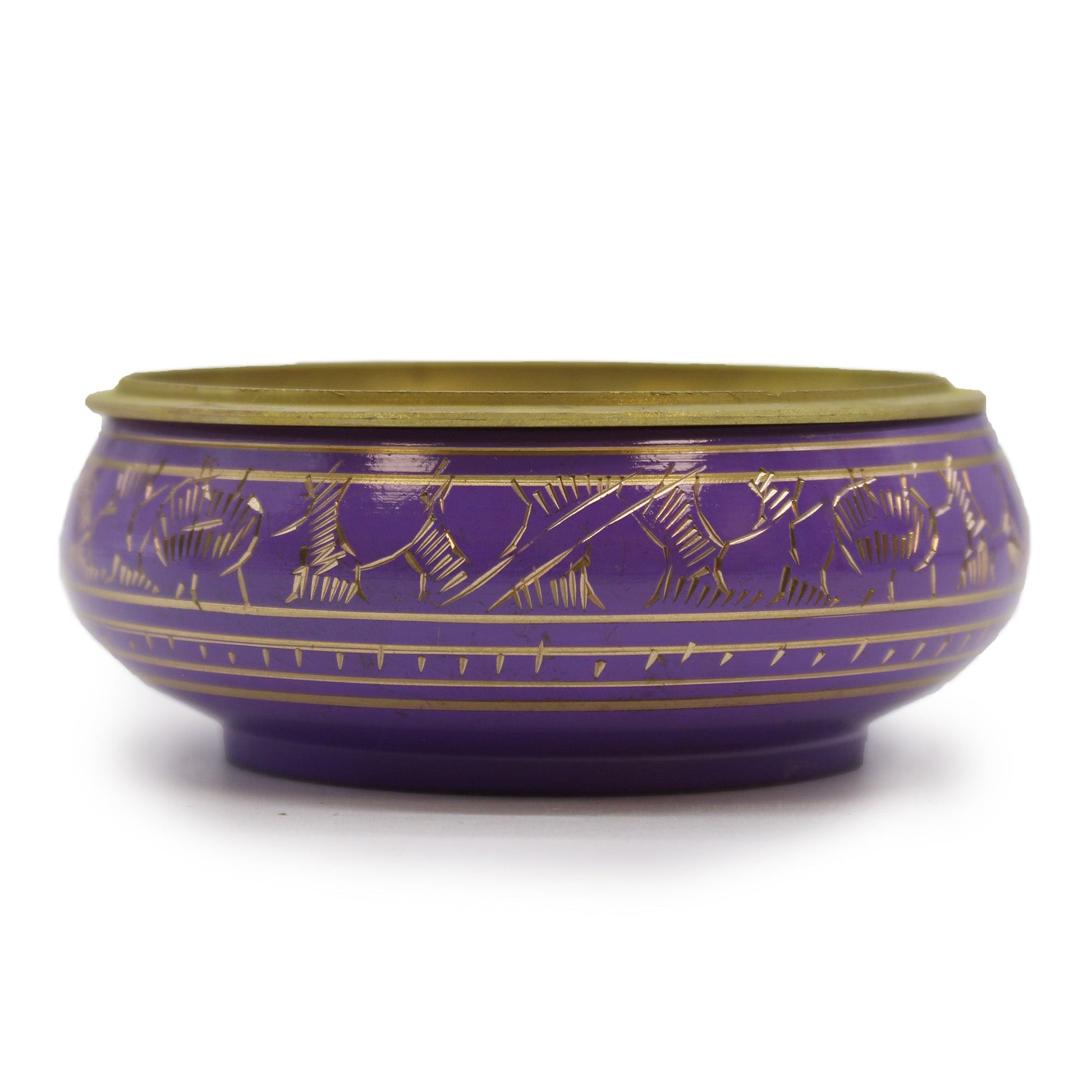 Handmade Brass Charcoal Burner Jar - Crown Chakra, in purple with gold-toned engraved decoration and a solid lid by Quintessential Holistic Health Ltd
