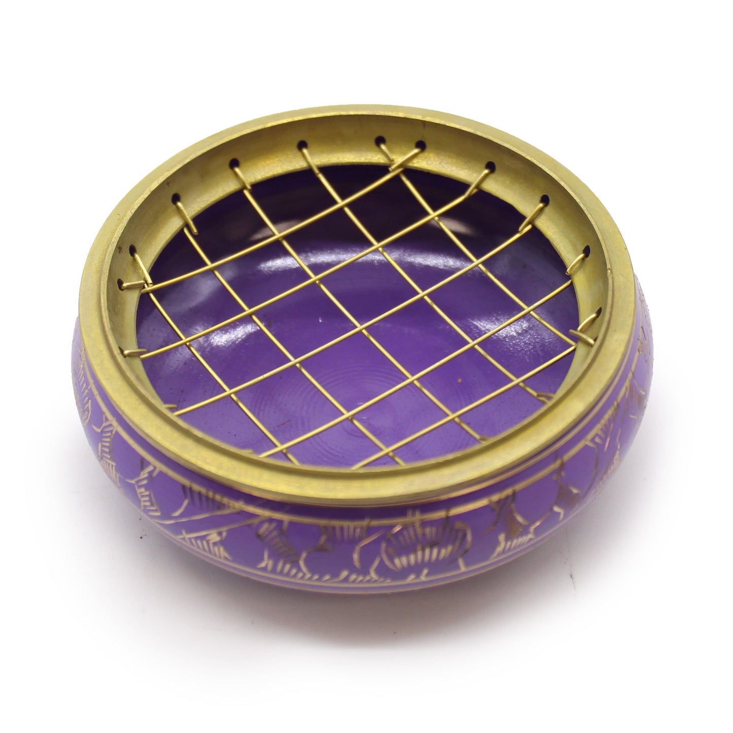 Handmade Brass Charcoal Burner Jar - Crown Chakra, in purple with a gold-toned crisscross lattice lid by Quintessential Holistic Health Ltd
