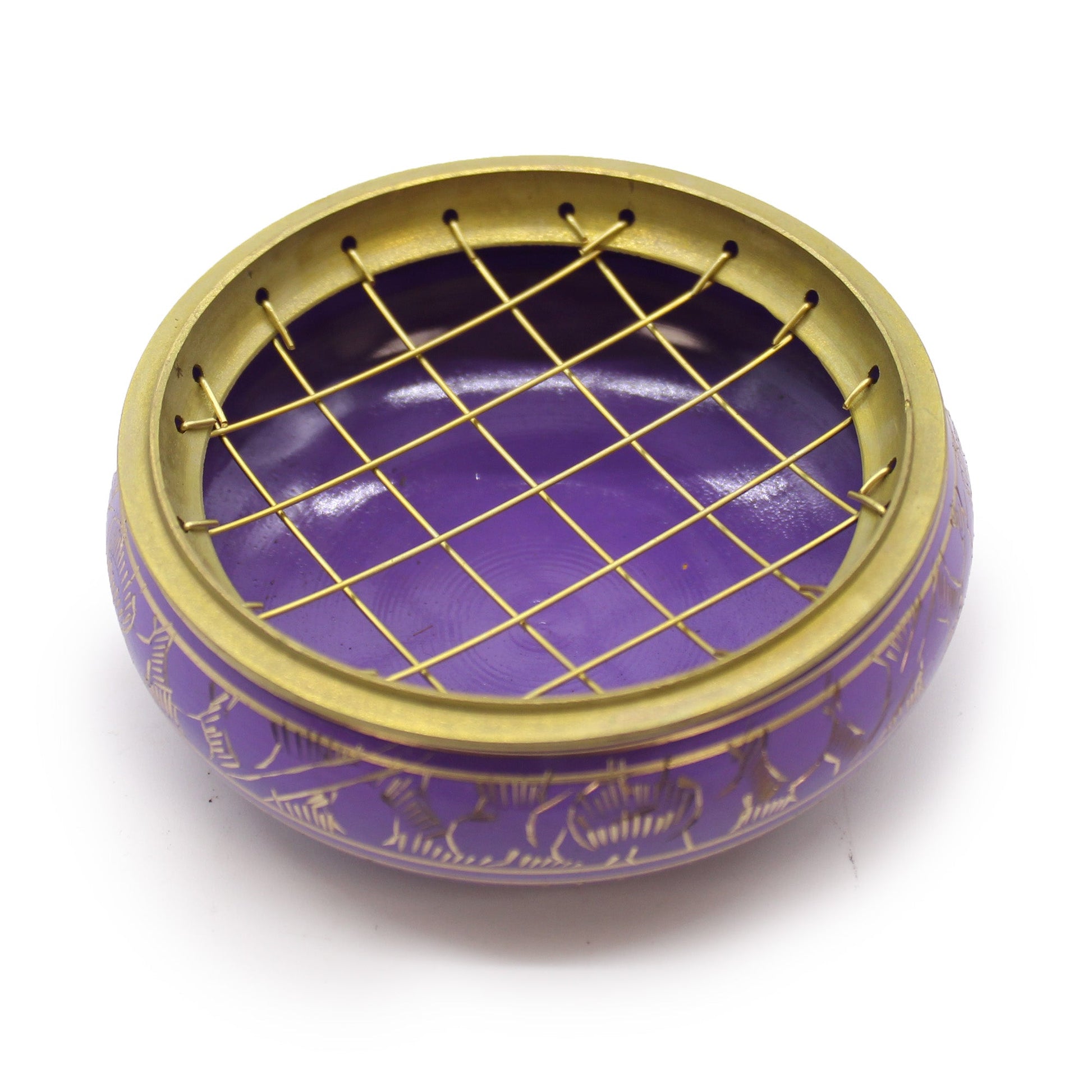 Handmade Brass Charcoal Burner Jar - Crown Chakra, in purple with a gold-toned crisscross lattice lid by Quintessential Holistic Health Ltd