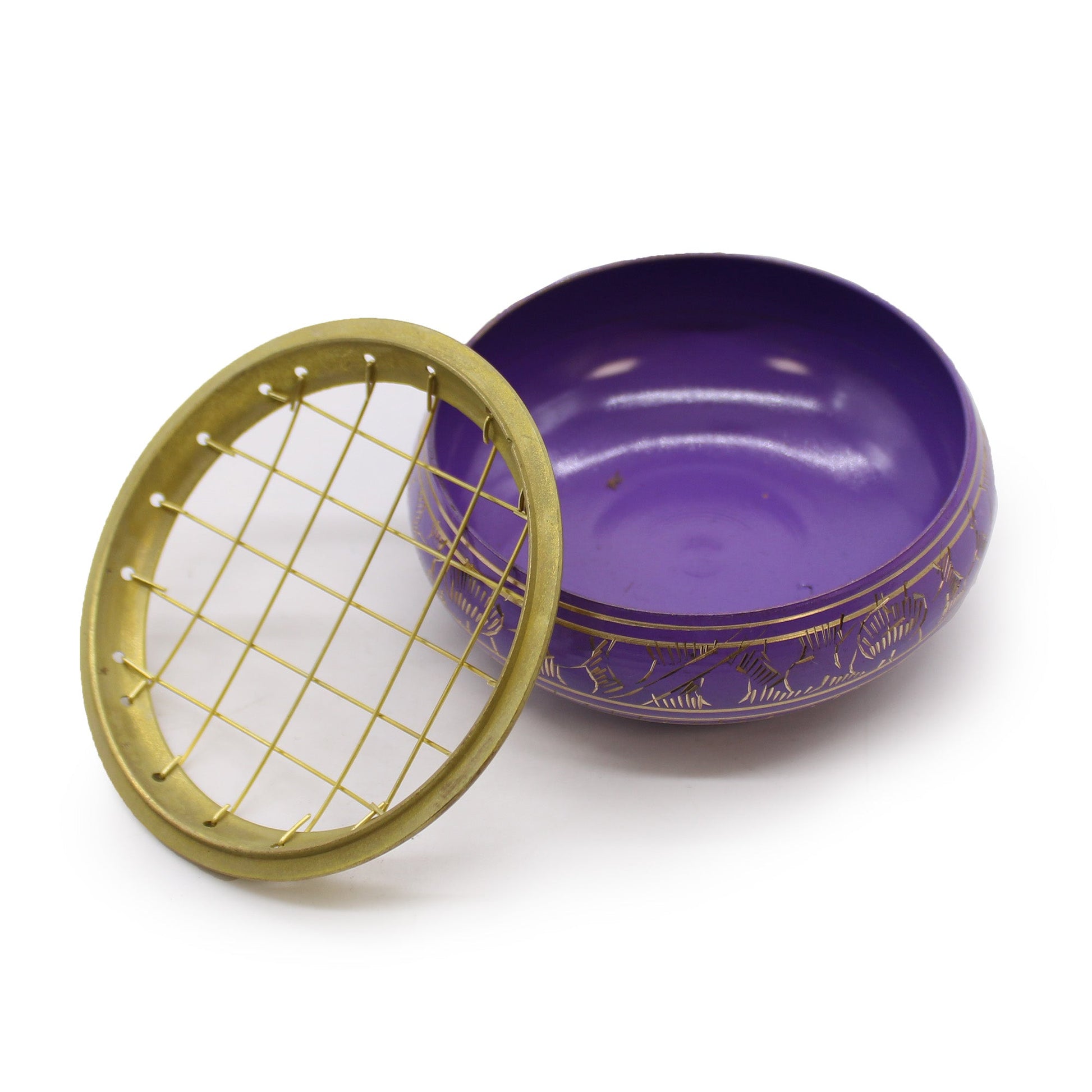 Handmade Brass Charcoal Burner Jar - Crown Chakra, in purple with its gold-toned lattice lid removed and propped beside it by Quintessential Holistic Health Ltd