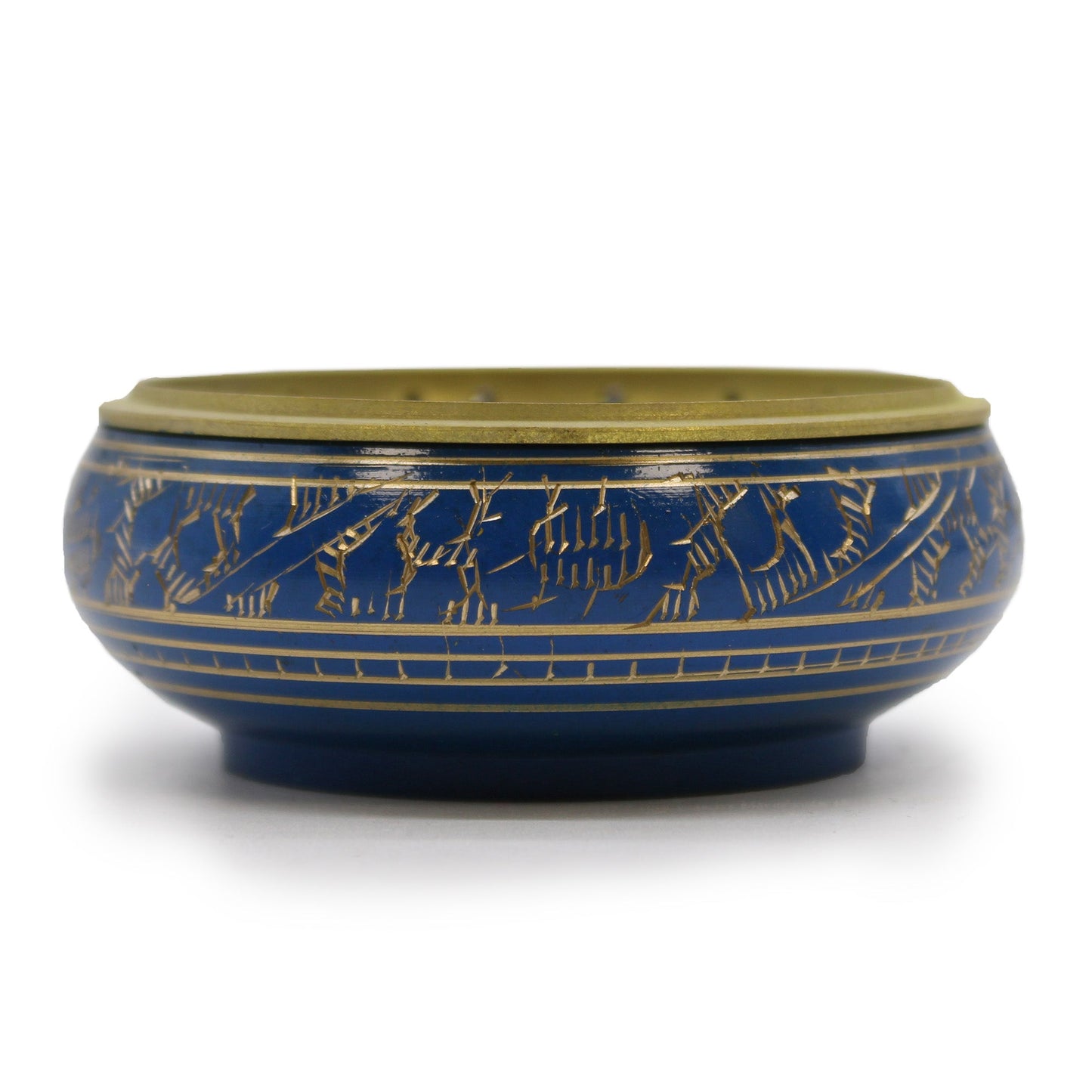 Handmade Brass Charcoal Burner Jar - Third Eye Chakra, in blue with gold-toned engraved figures and a solid lid by Quintessential Holistic Health Ltd