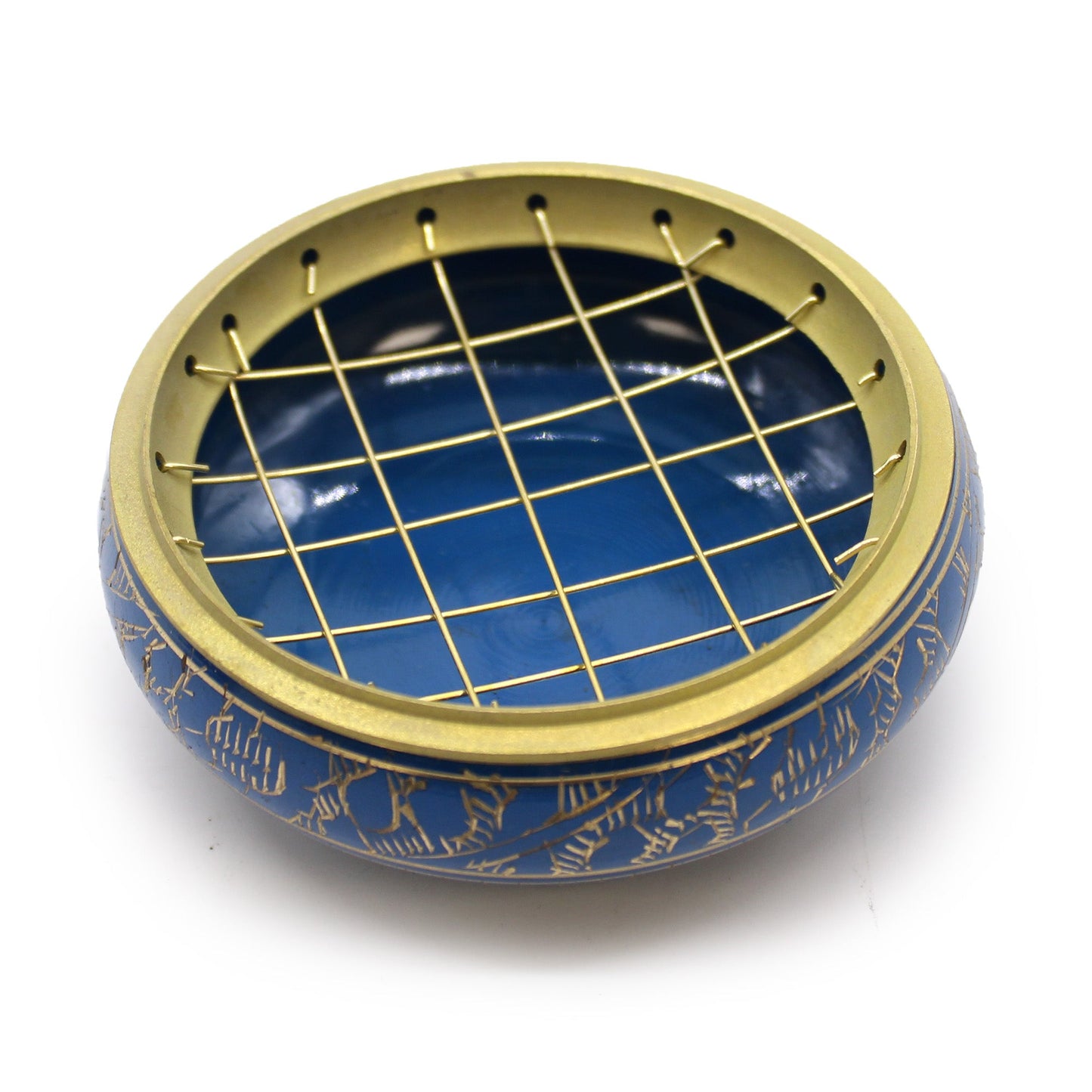 Handmade Brass Charcoal Burner Jar - Third Eye Chakra, in blue with a gold-toned crisscross lattice lid by Quintessential Holistic Health Ltd