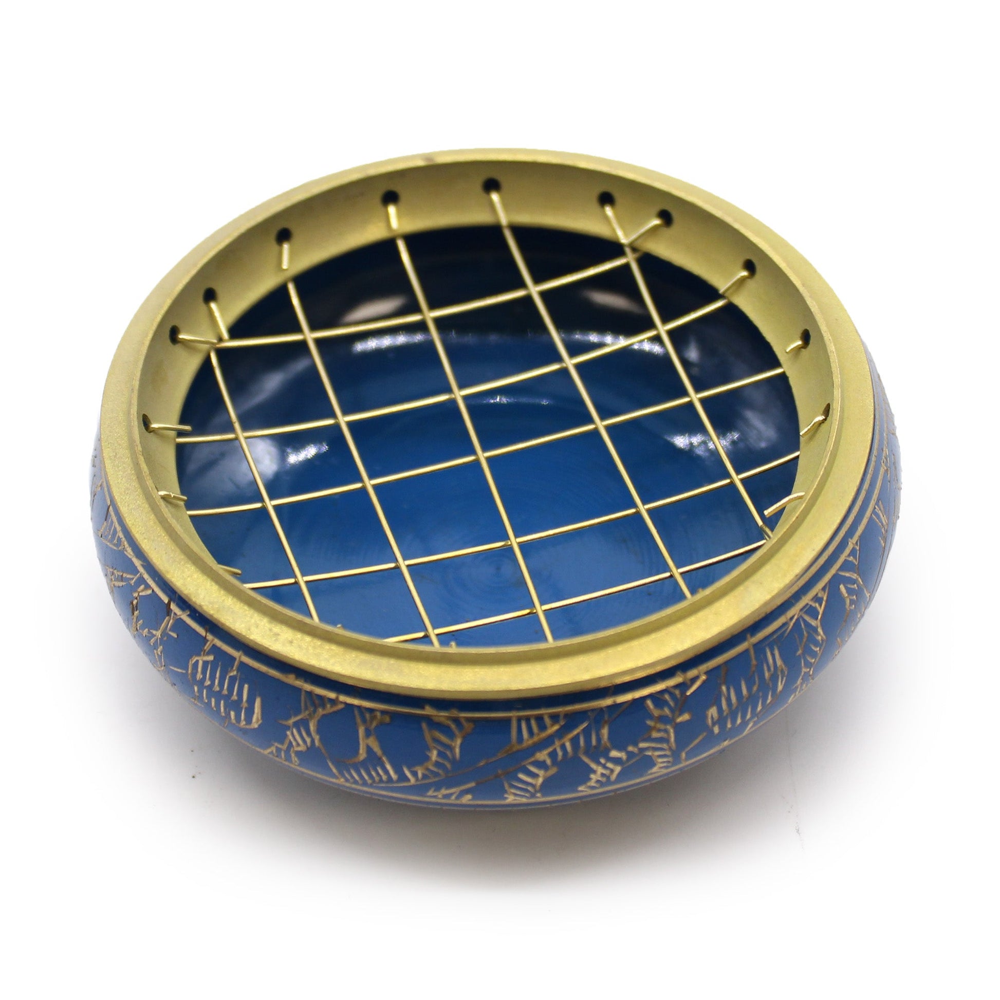 Handmade Brass Charcoal Burner Jar - Third Eye Chakra, in blue with a gold-toned crisscross lattice lid by Quintessential Holistic Health Ltd