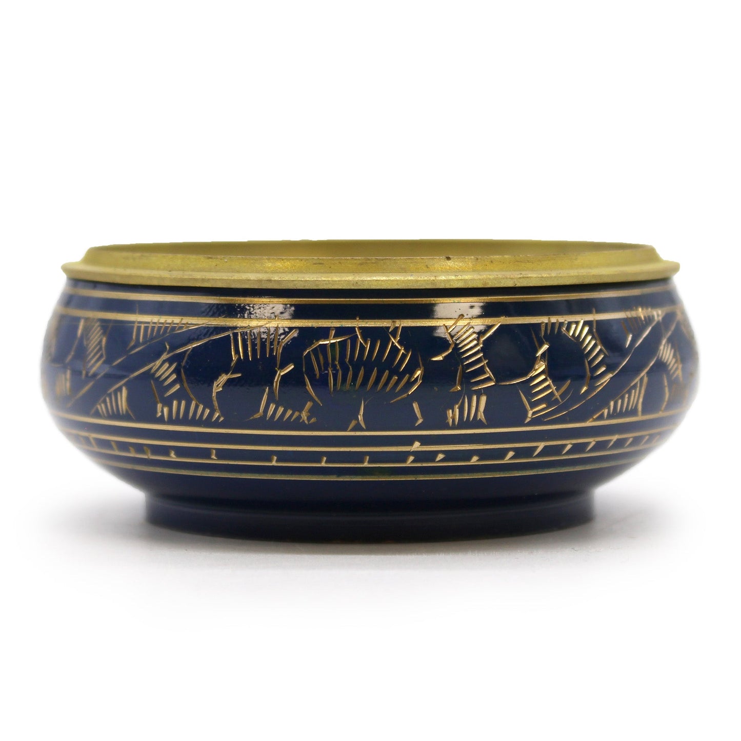 Handmade Brass Charcoal Burner Jar - Throat Chakra, in navy blue with gold-toned engraved decoration and a solid lid by Quintessential Holistic Health Ltd